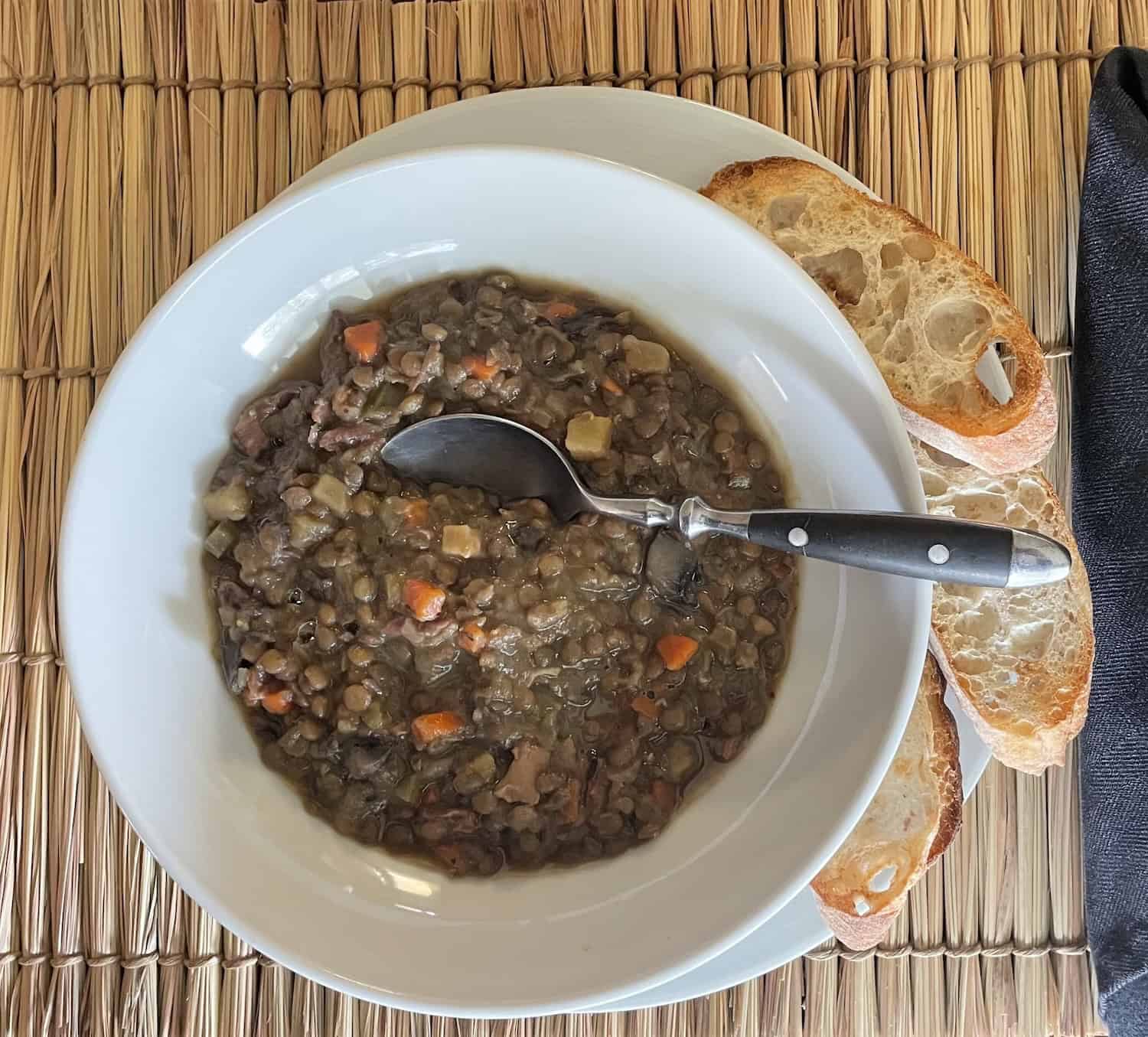 Aromatic Lentil and Ham Soup with Apples and Mushrooms -- overhead photo of soup in bowl