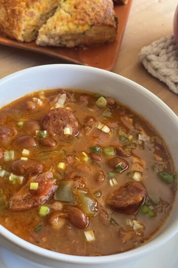 Pinto Bean Soup with Ham and Andouille in a bowl