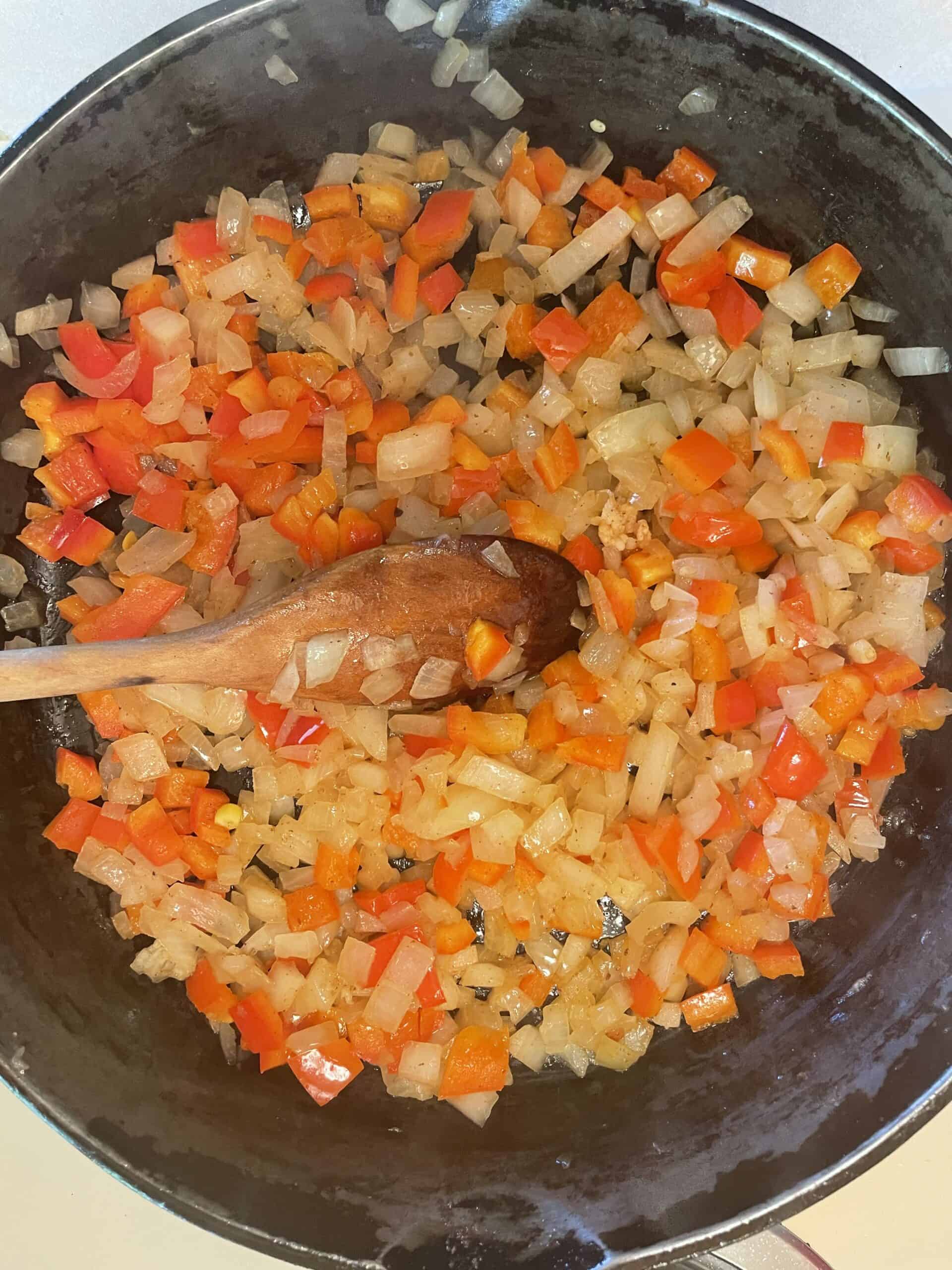 Corn Bread Pudding sautéing peppers