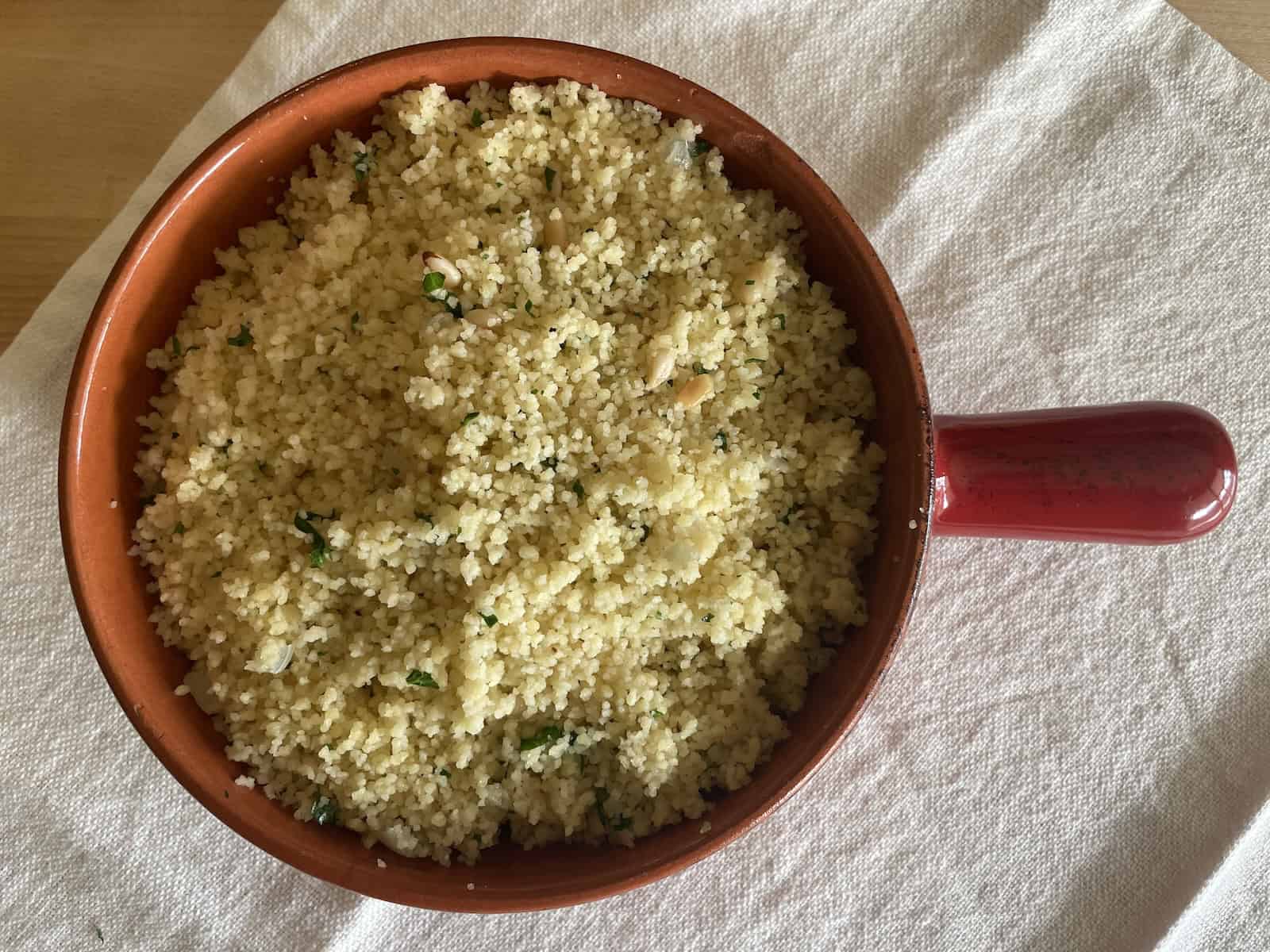 Couscous with Pine Nuts (Pignoli) and Parsley -- finished recipe overhead photo