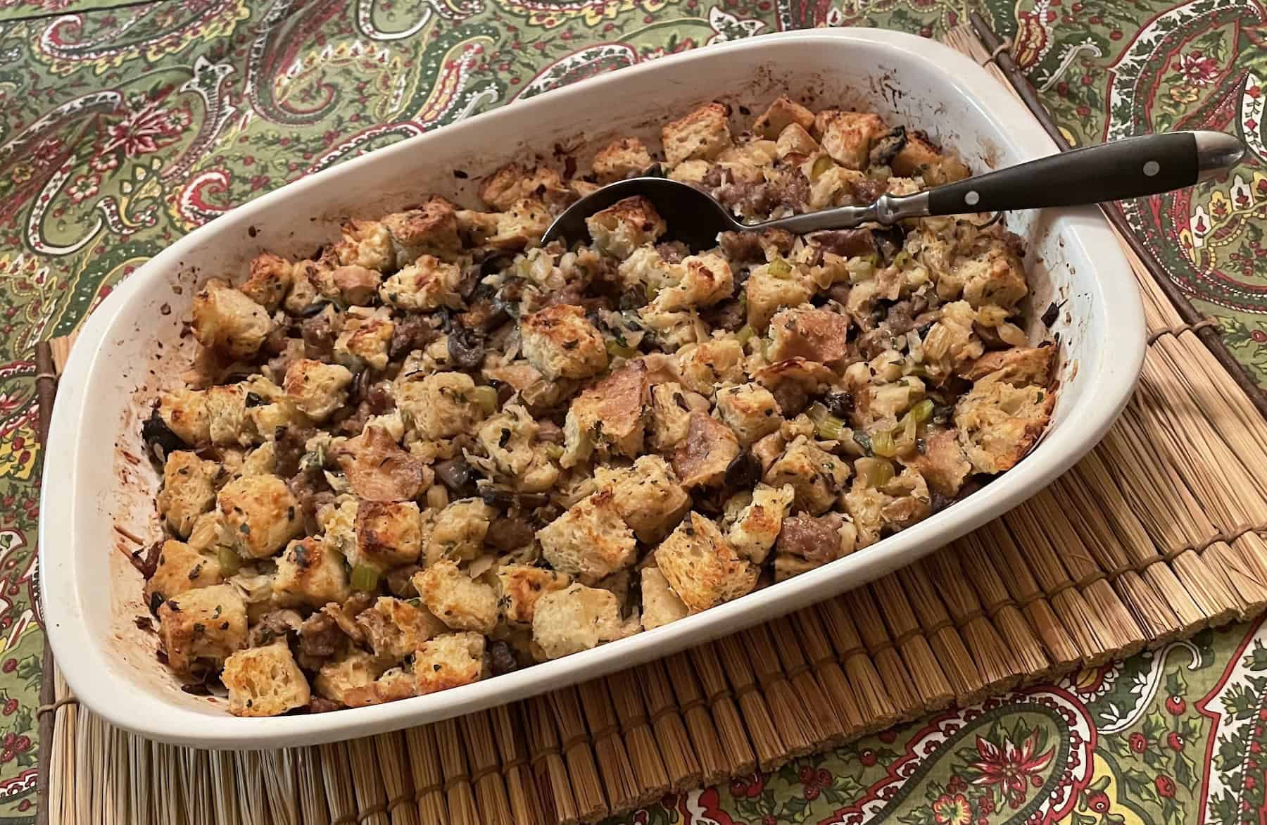 Overhead of baked stuffing in dish