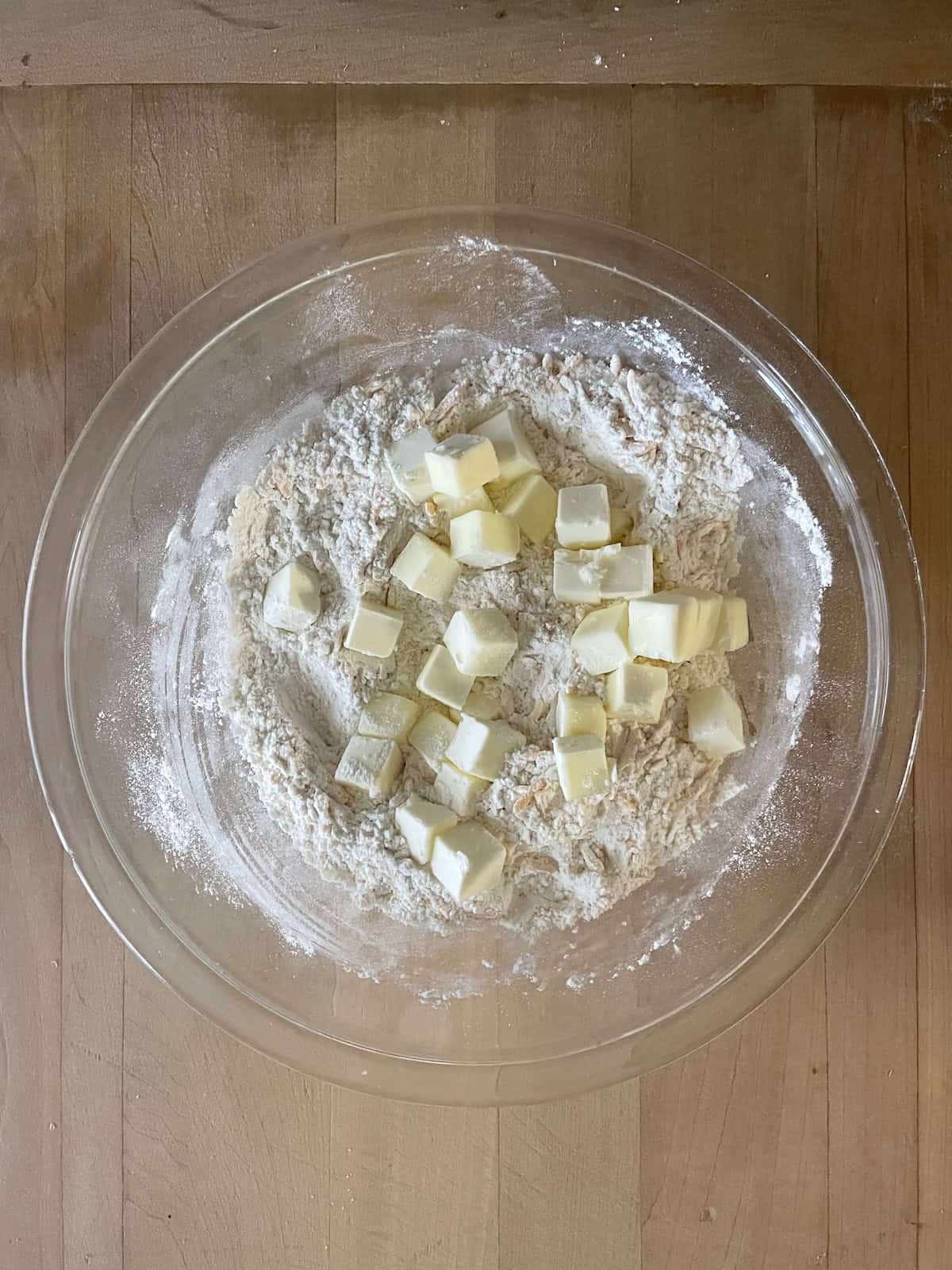 Ham, Cheddar and Chive Scones -- adding cold butter cubes to dry ingredients