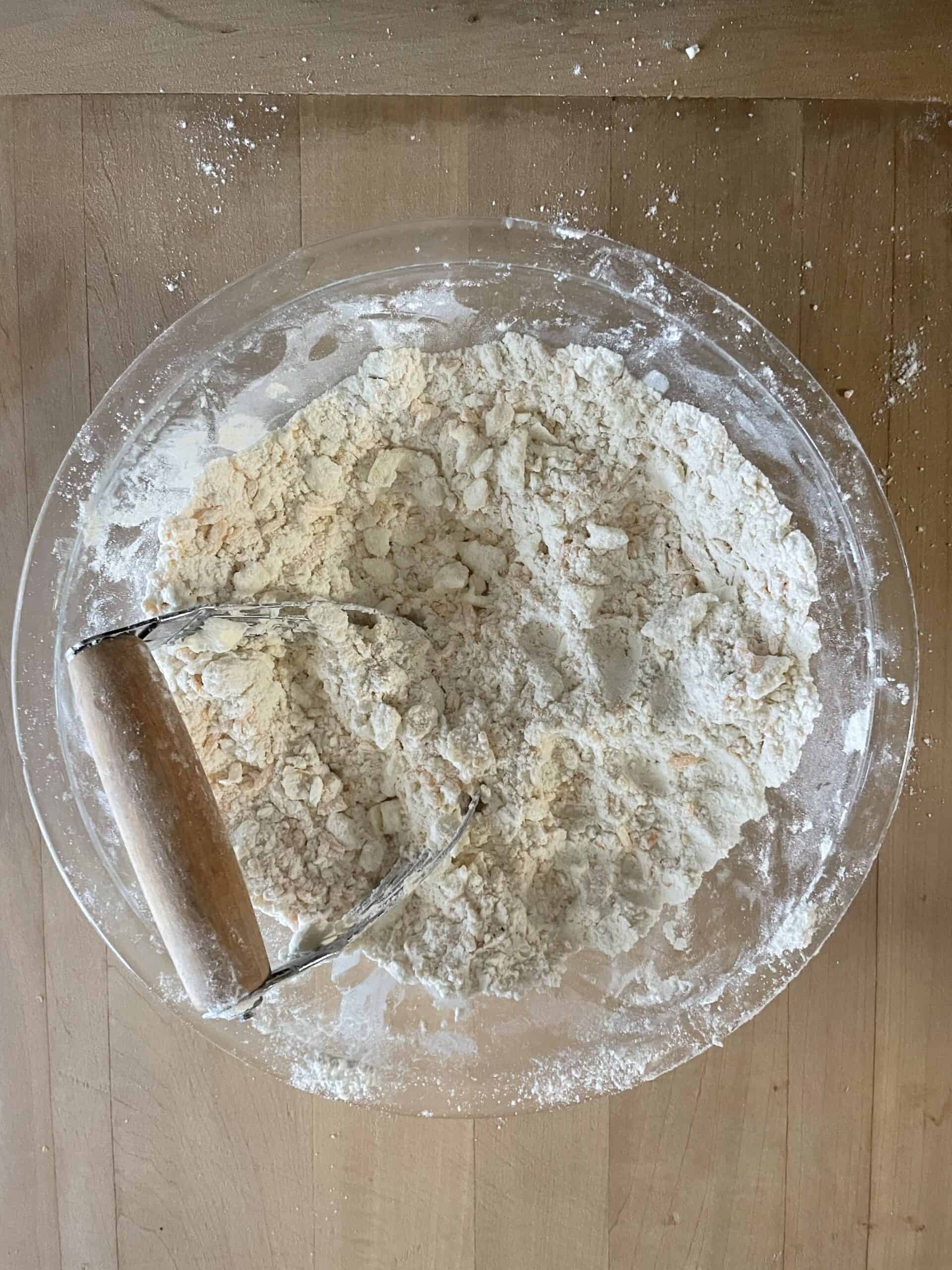 Ham, Cheddar and Chive Scones -- blending butter with pastry blender