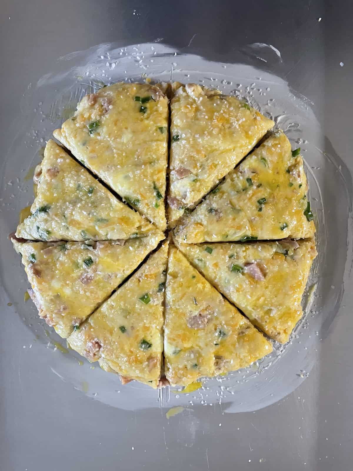 Ham, Cheddar and Chive Scones -- cut into eight wedges