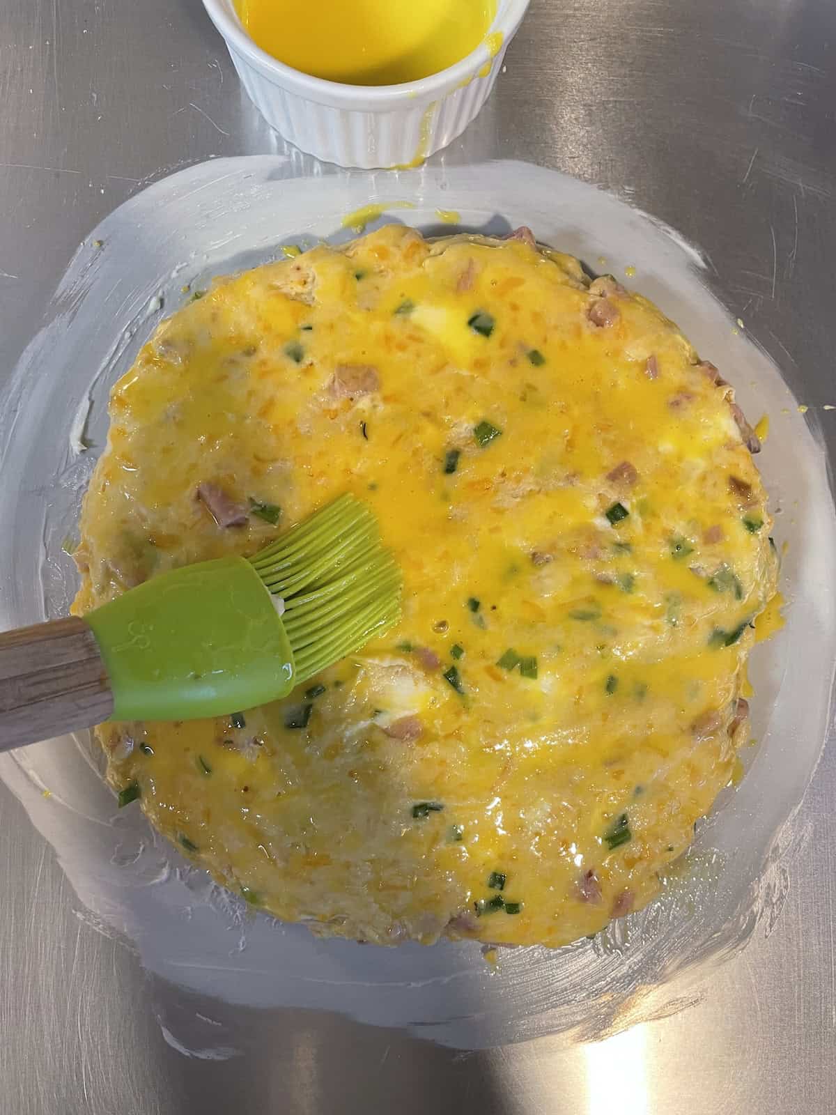 Ham, Cheddar and Chive Scones -- brushing with egg wash