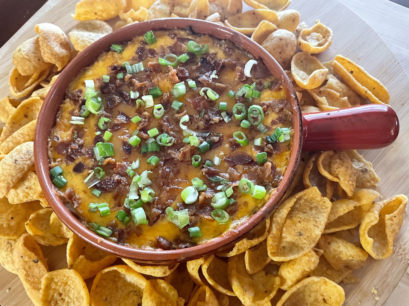 Baked Cheddar, Bacon and Chutney Dip - overhead photo of baked dip