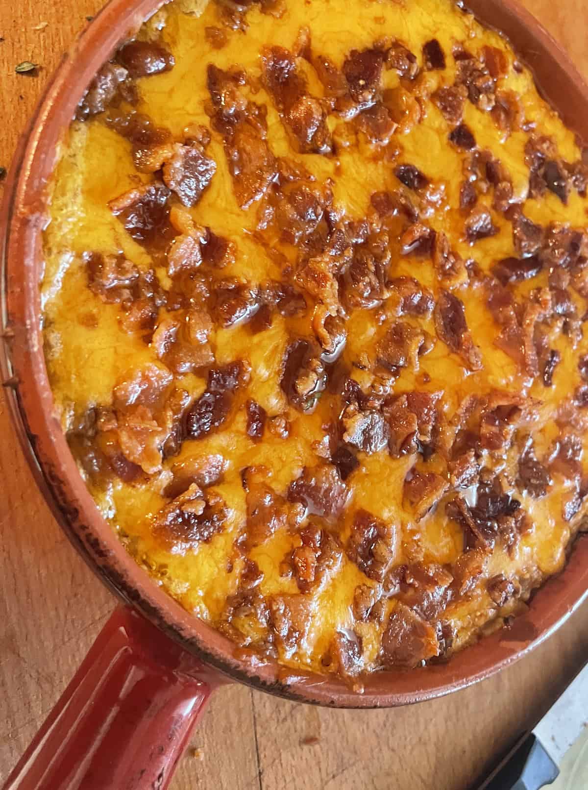 Baked Cheddar, Bacon and Chutney Dip - topped with reserved cheddar and bacon