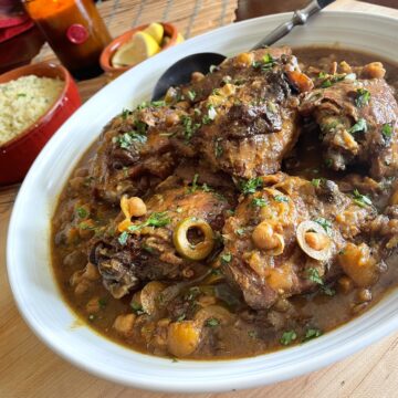 Slow-Cooker Chicken Tagine with Dried Fruit, Olives and Chickpeas.Finished Recipe in Serving Dish