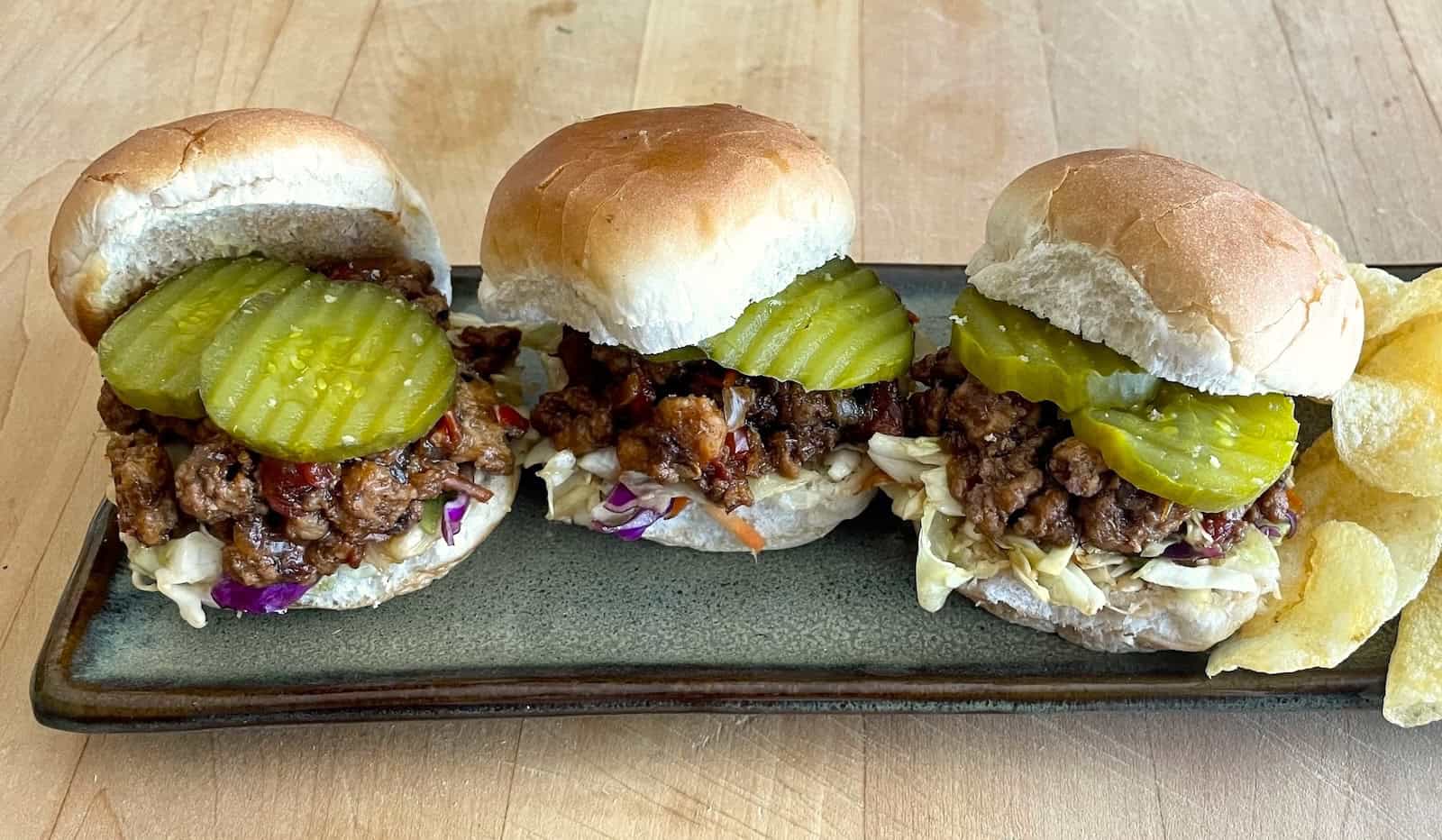 Asian Sloppy Joe and Slaw Siders picture of three of them on a plate.