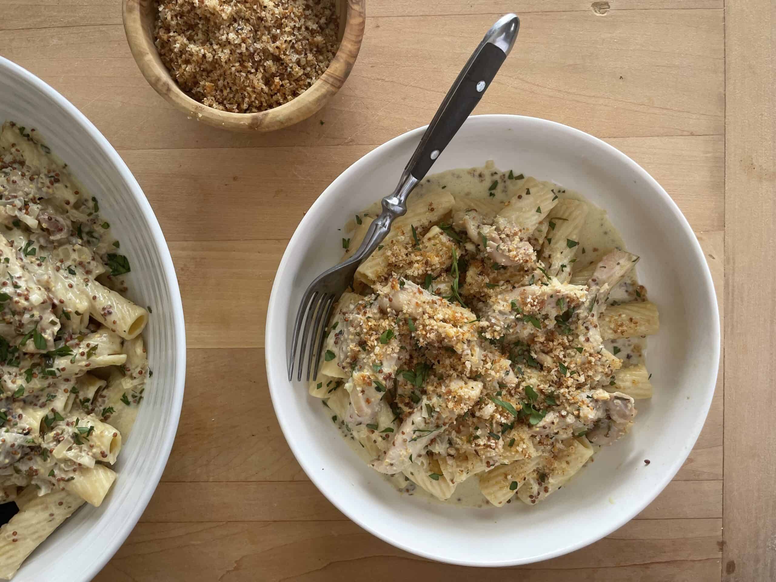 Chicken and Rigatoni in Mustard Tarragon Sauce overhead photo of pasta in serving bowl
