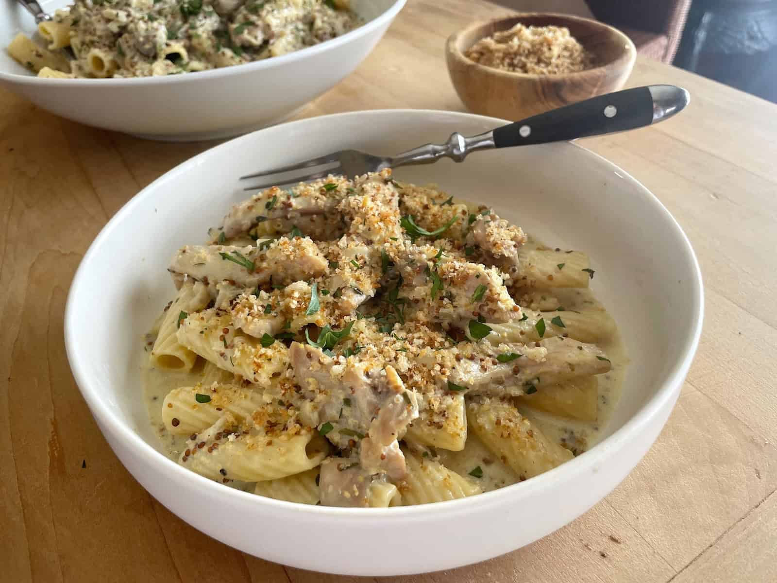 Chicken and Rigatoni in Mustard Tarragon Sauce served in a bowl