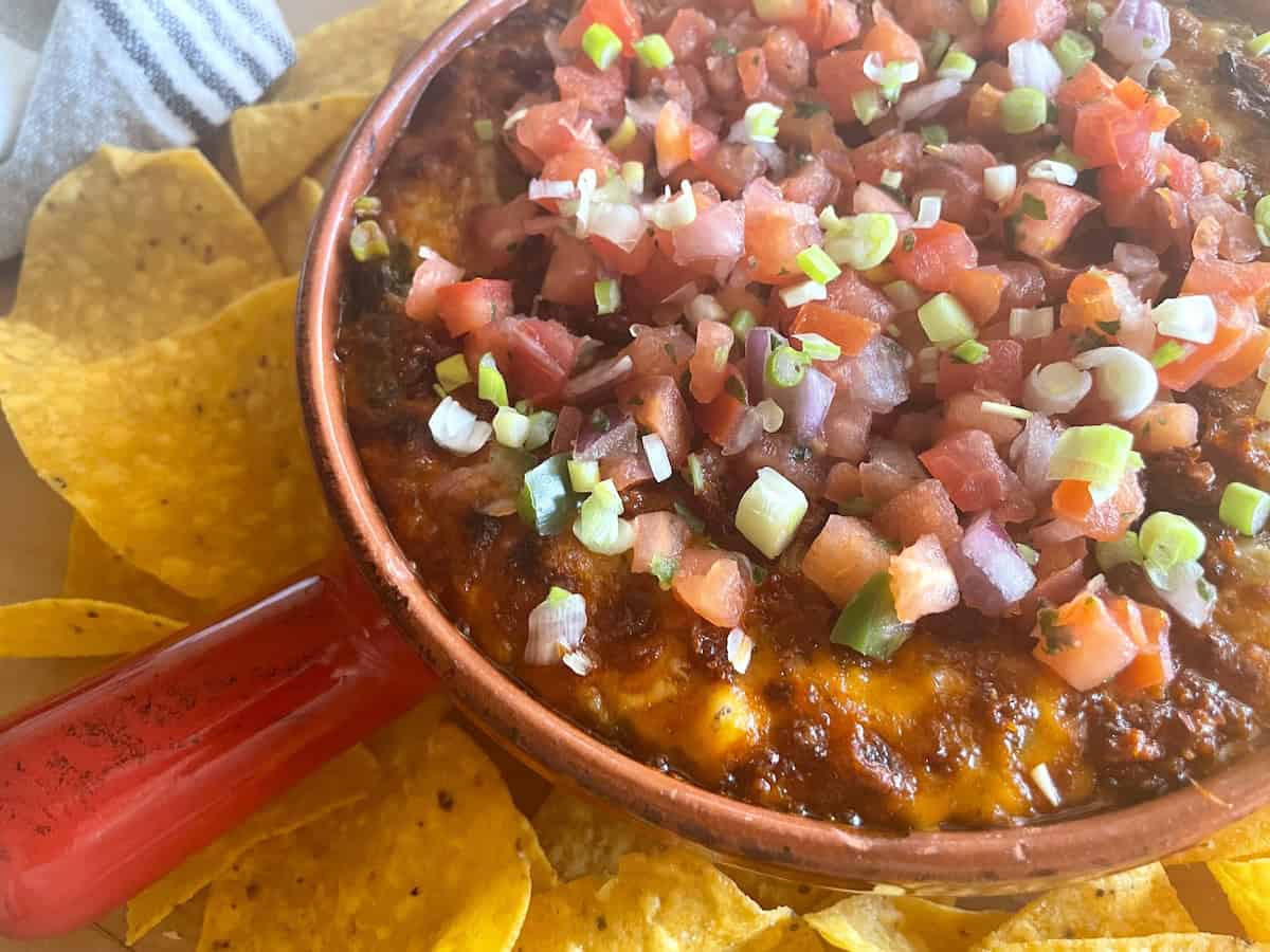 Queso Fundido with Chorizo - overhead photo of baked dip