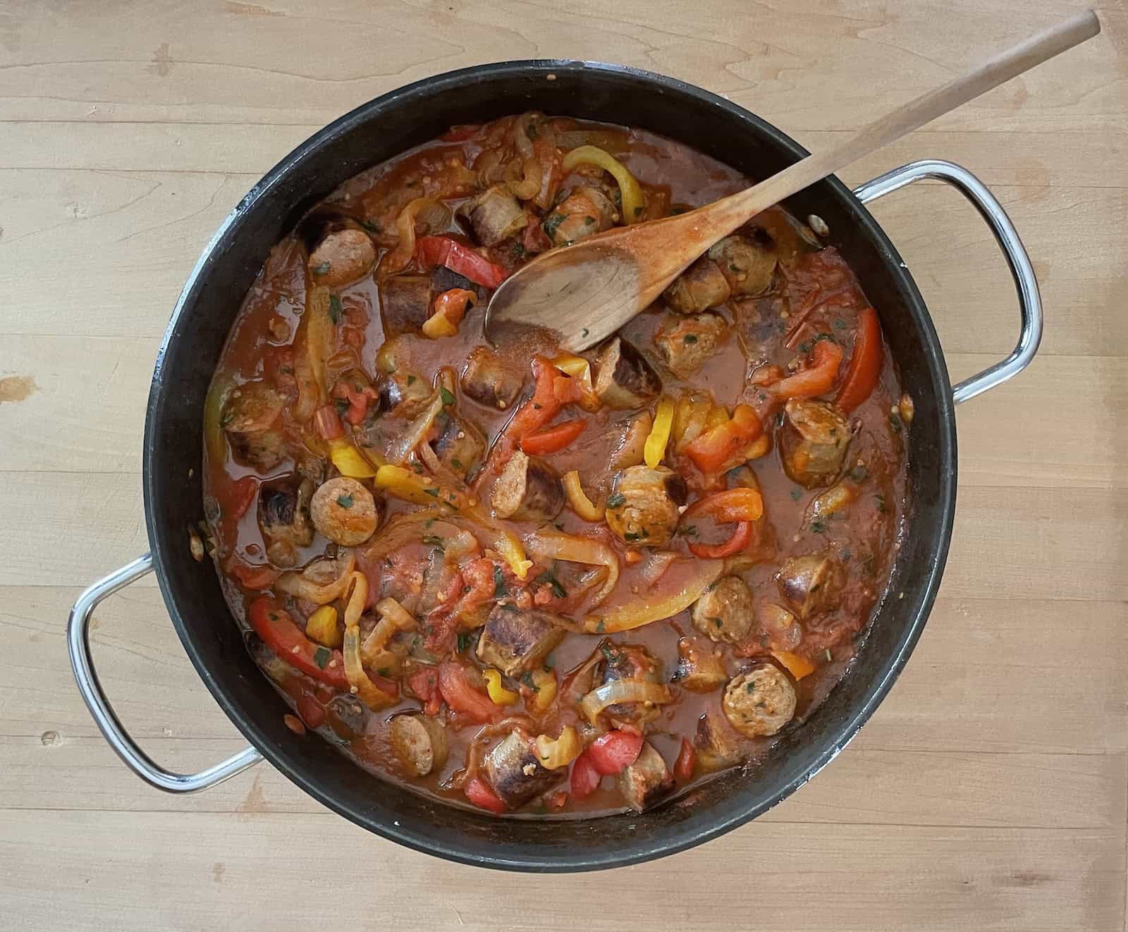 Sweet Italian Sausage and Peppers with Marsala overhead shot finished