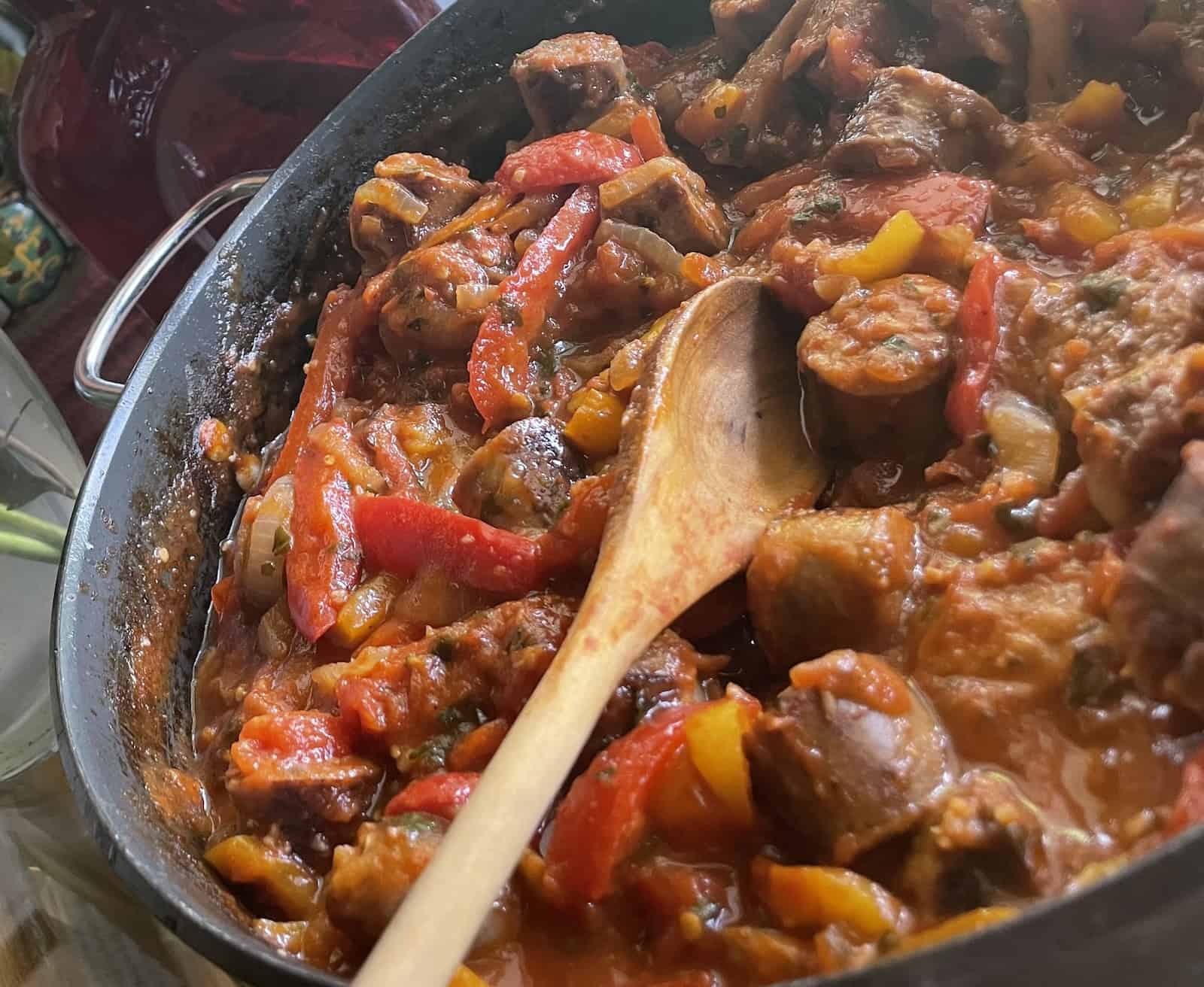 Sweet Italian Sausage and Peppers with Marsala in a saute pan finished