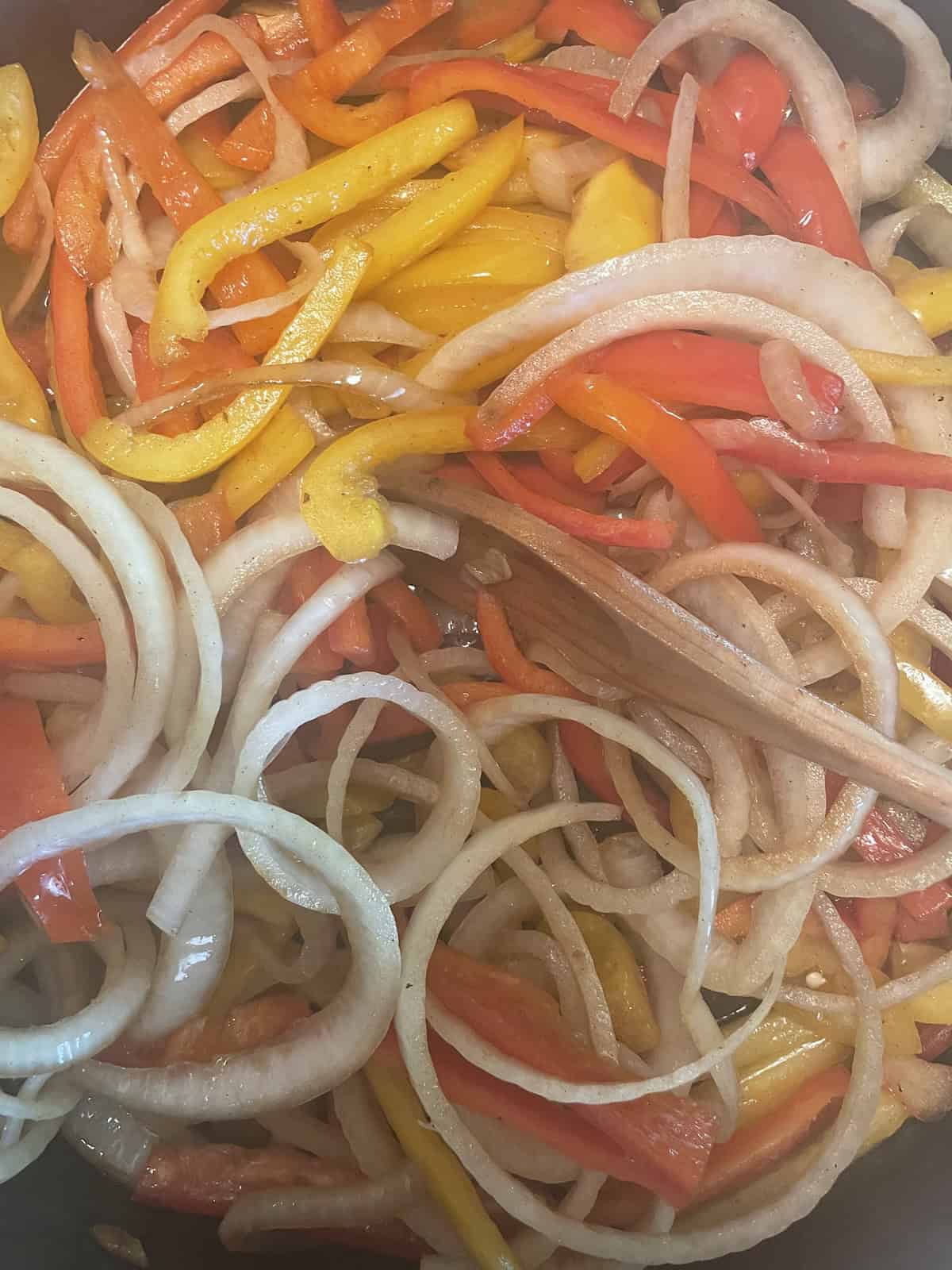 Sweet Italian Sausage and Peppers with Marsala -- sautéing peppers and onions