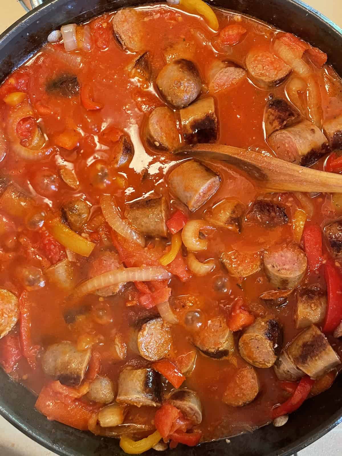 Sweet Italian Sausage and Peppers with Marsala -- adding tomatoes and marsala