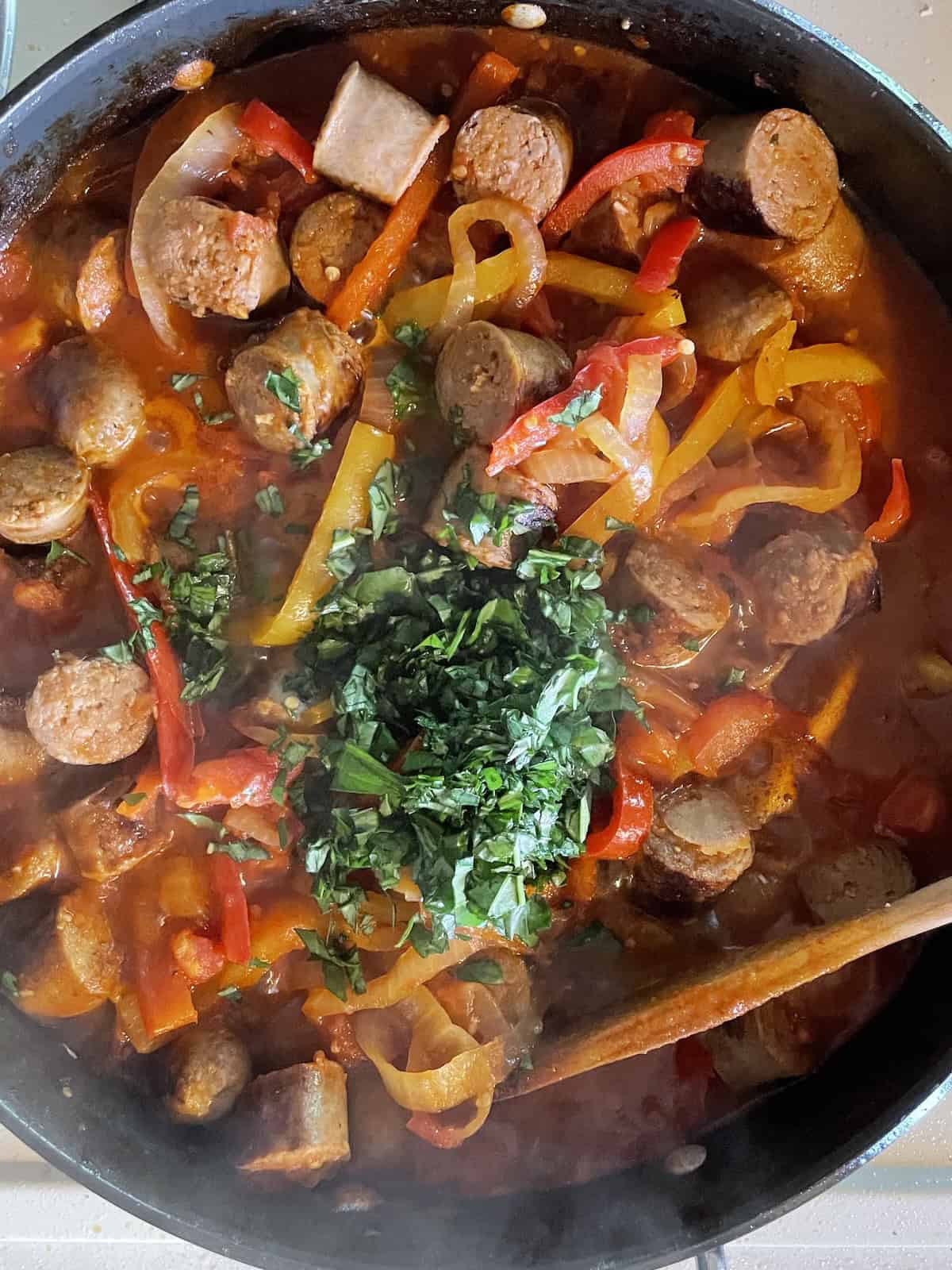 Sweet Italian Sausage and Peppers with Marsala finishing with basil