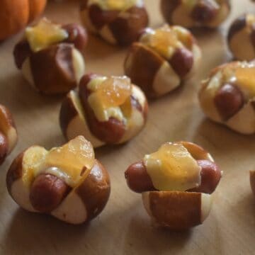 Little Smokie Pretzel Bites with Honey Mustard and Apple Jelly