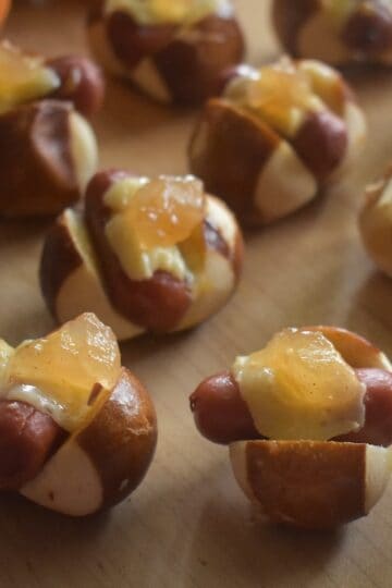 Little Smokie Pretzel Bites with Honey Mustard and Apple Jelly