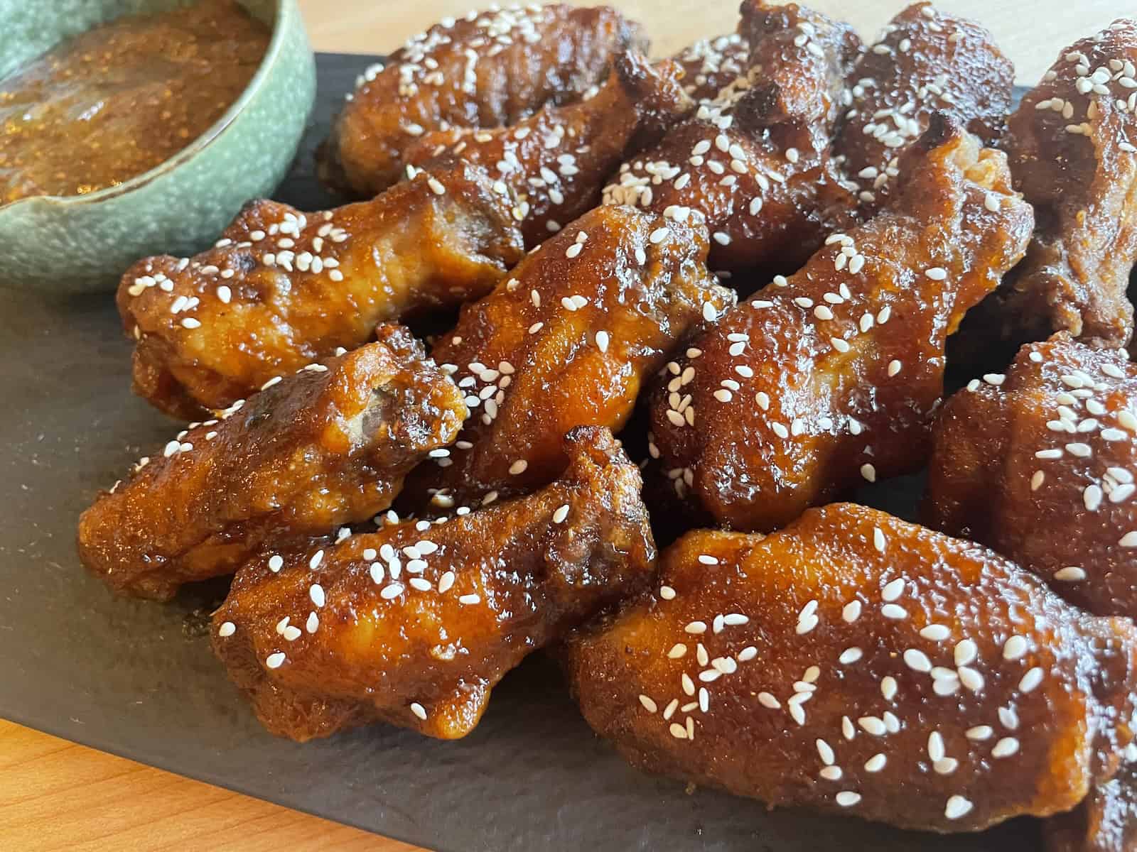 Polynesian Chicken Wings with Pineapple Mustard Sauce -- wings on serving platter