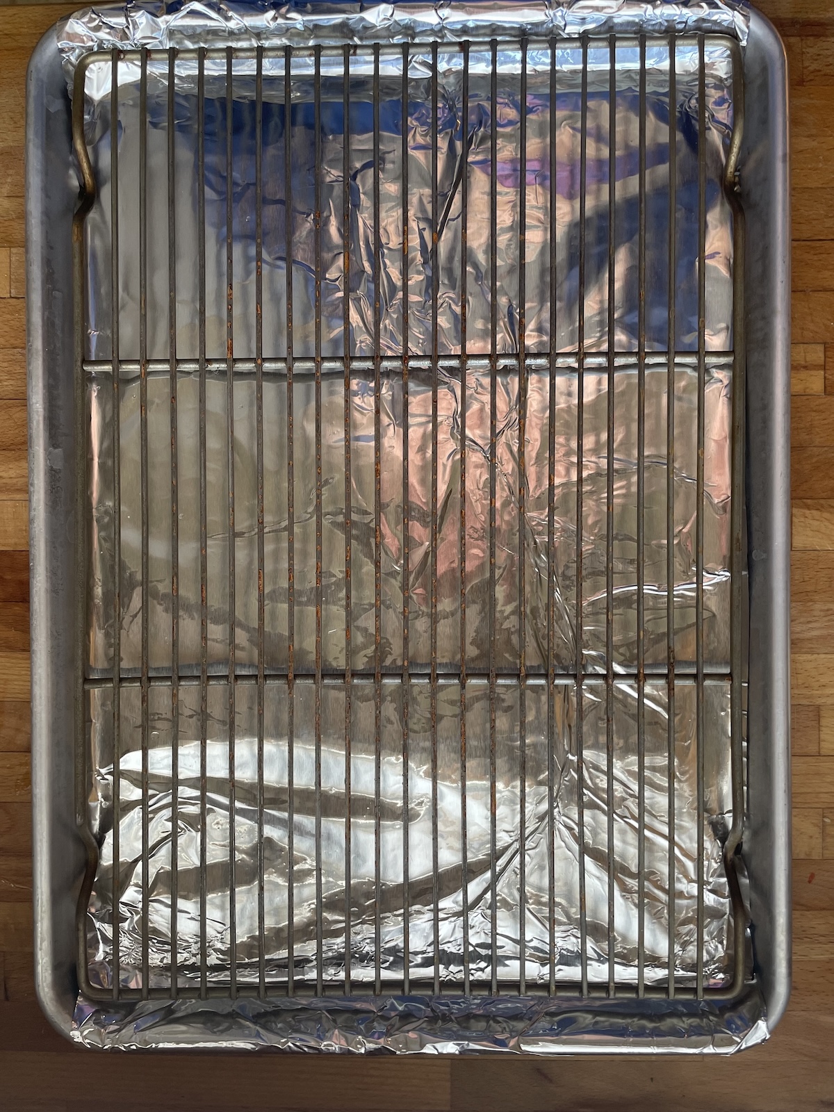 foil lined baking sheet with a wire rack