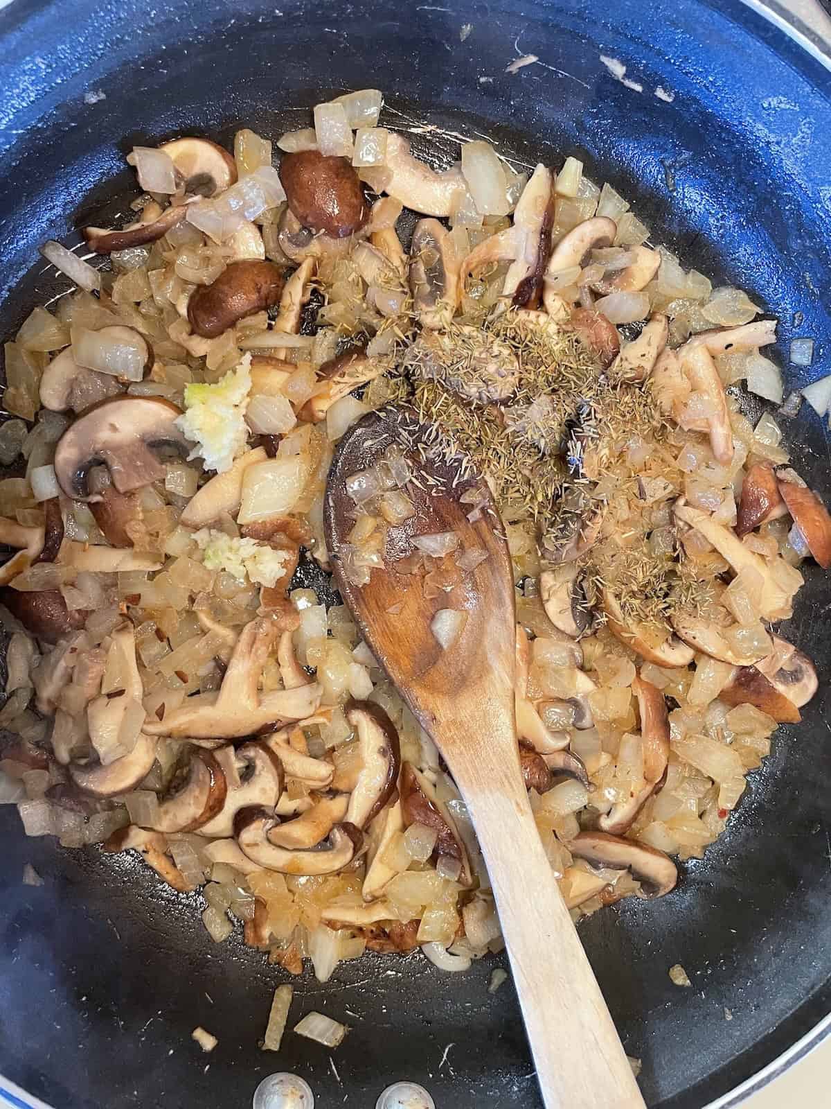 Sausage and Mushroom Rigatoni with Marsala and Parmesan - adding thyme and garlic