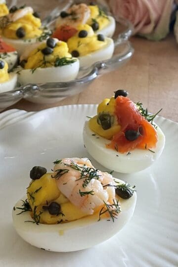 Two deviled eggs on a plate