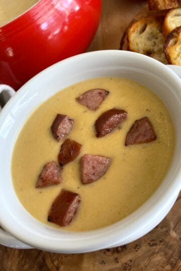 Apple Cheddar Beer Cheese Soup with Kielbasa
