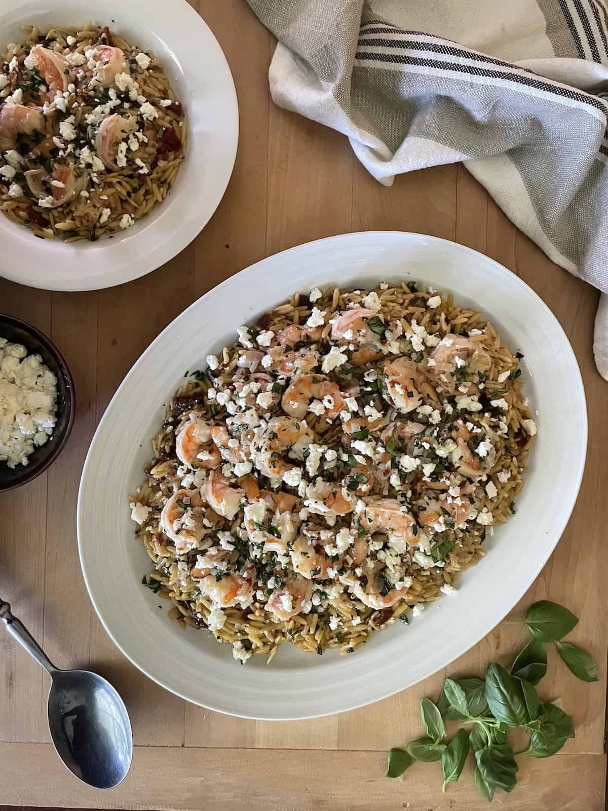 Lemony Shrimp Orzo with Sun-dried Tomatoes and Feta Served