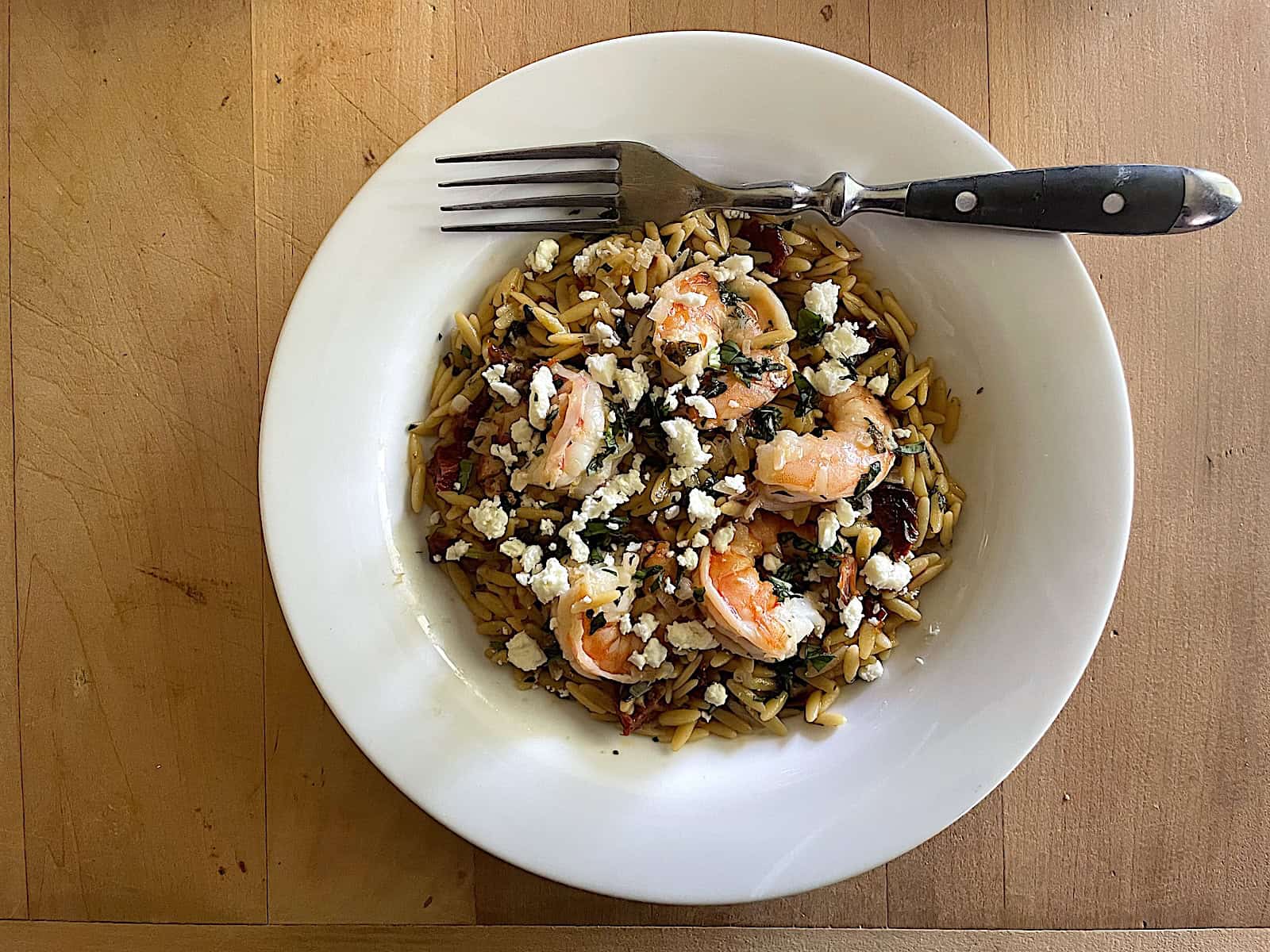 Lemony Shrimp Orzo with Sun-dried Tomatoes and Feta overhead photo