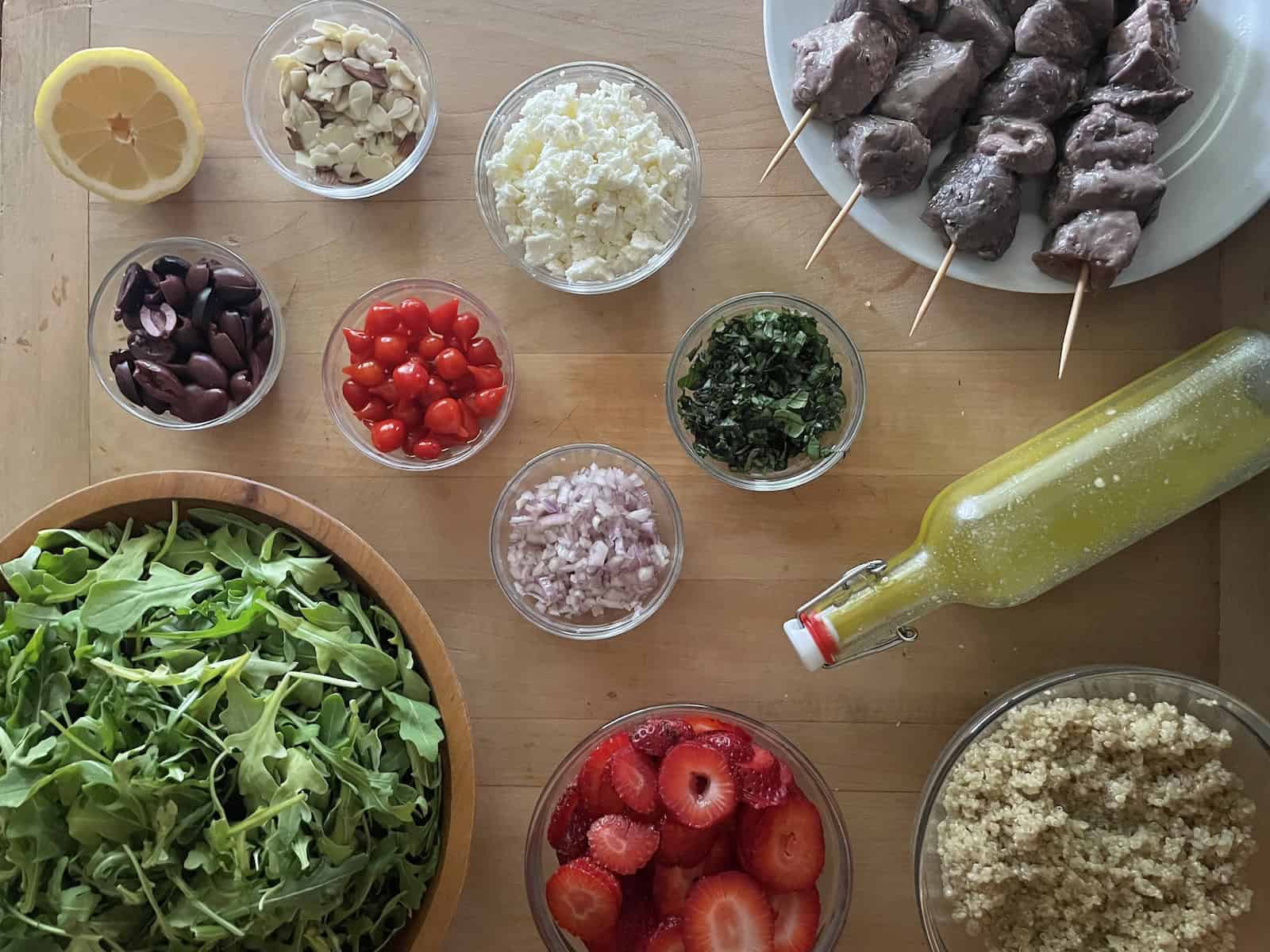 Arugula, Strawberry and Quinoa Salad with Rosemary Steak Tip Kebabs - salad ingredients