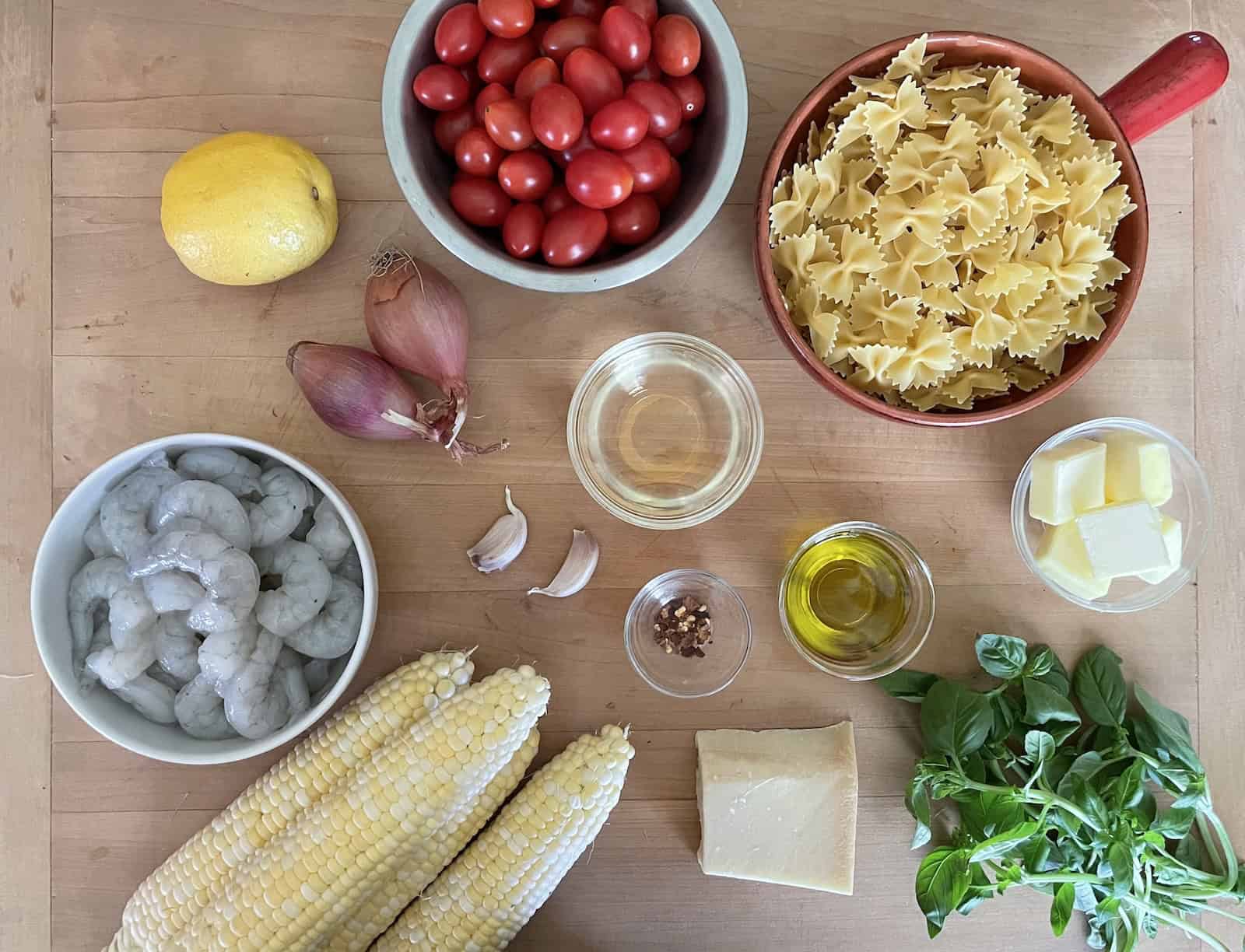 Summer Sweet Corn, Tomato and Shrimp Pasta Ingredients
