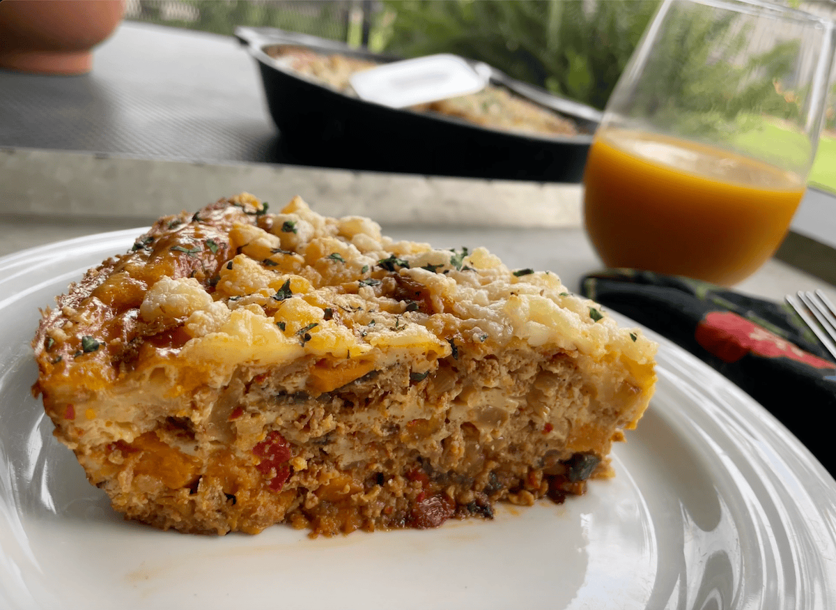 Sweet potato and chorizo frittata slice on a tray
