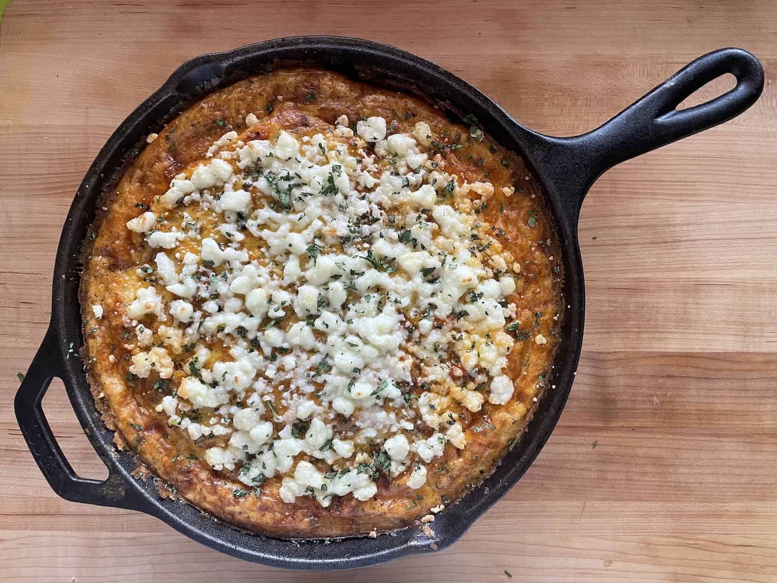 Sweet potato and chorizo frittata overhead photo