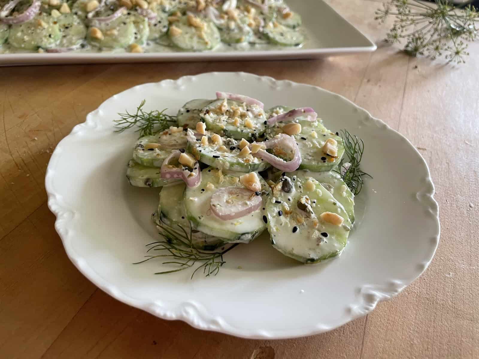 Buttermilk Cucumbers with Almonds and Everything on a plate