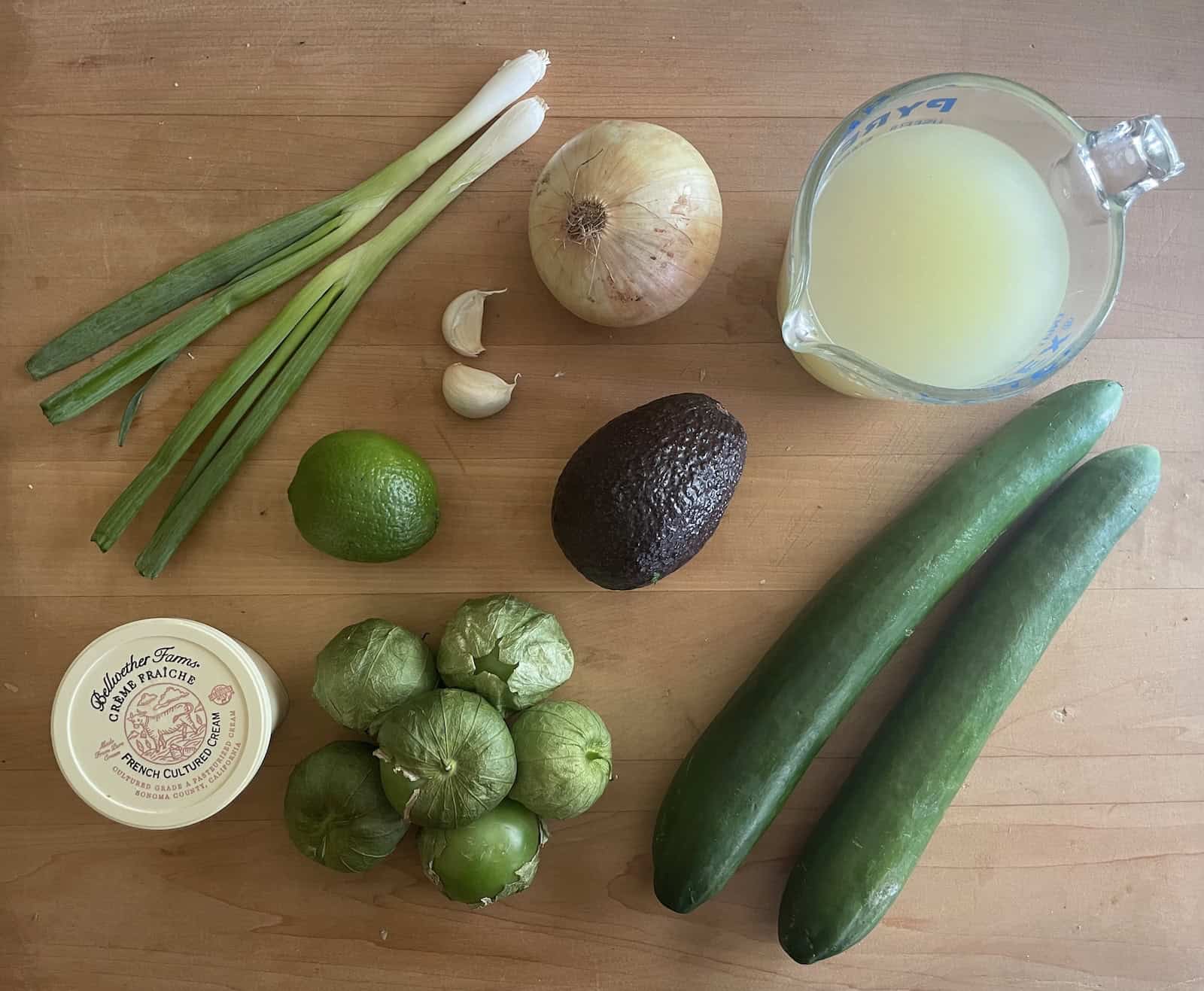 Cold Cucumber, Avocado and Tomatillo Soup ingredients