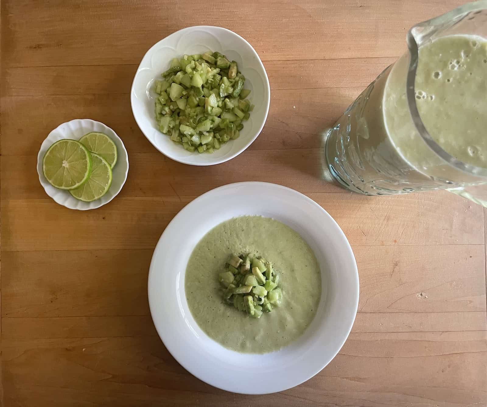 Cold Cucumber, Avocado and Tomatillo Soup with pitcher