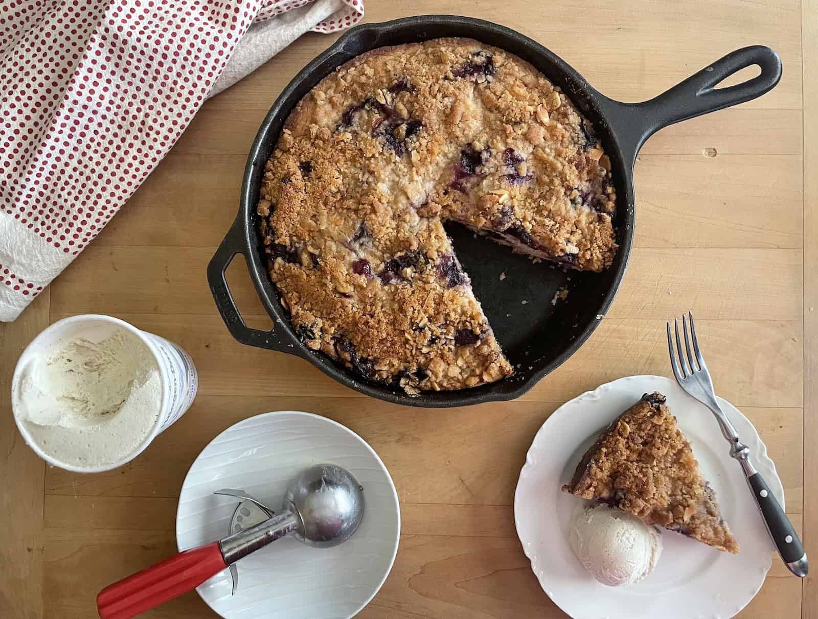 Peach and Blueberry Buttermilk Buckle with Almond Streusel overhead photo