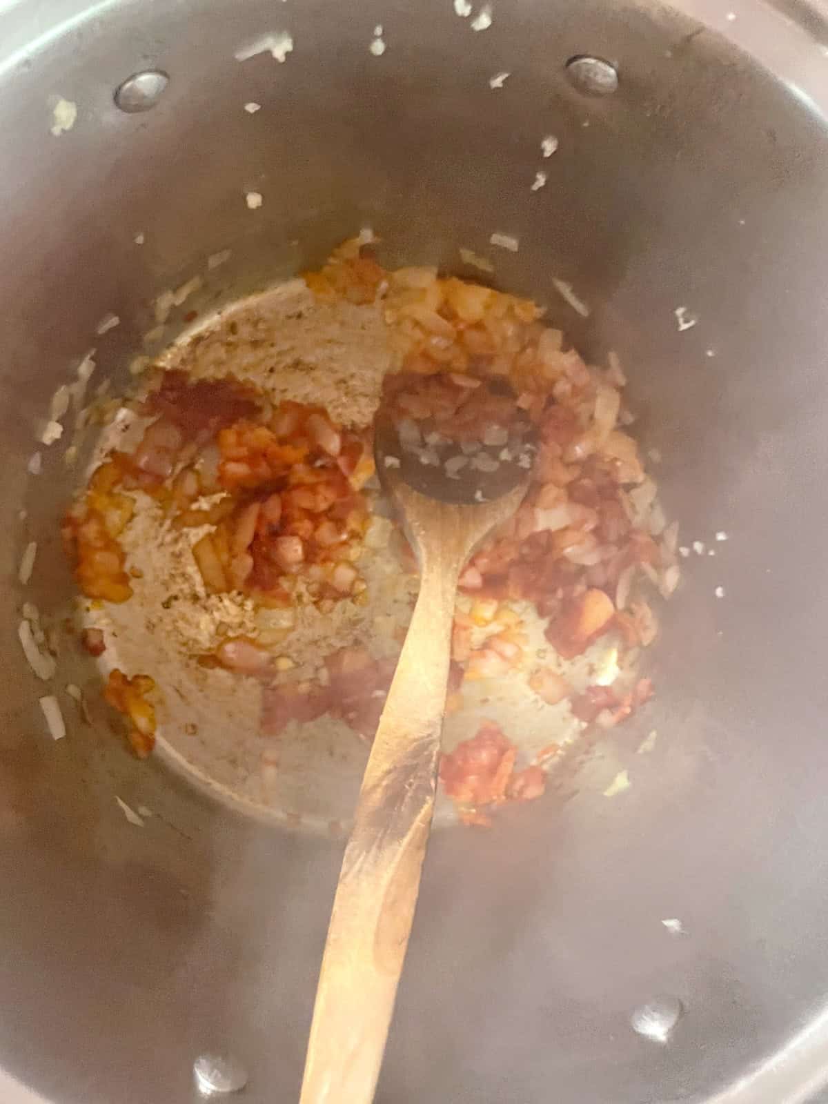 adding garlic and tomato paste to onions