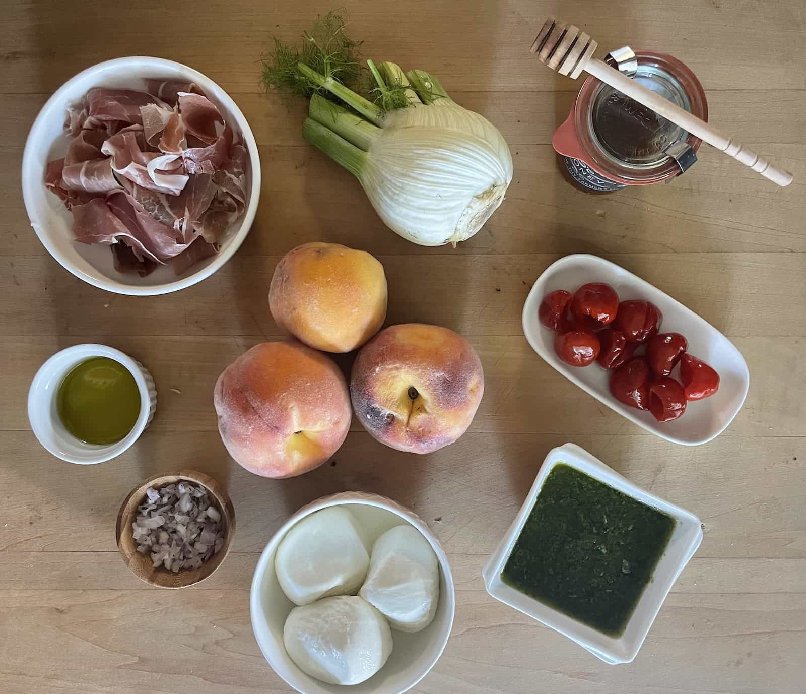 Peach Bruschetta with Burrata, Prosciutto and Arugula Oil ingredients