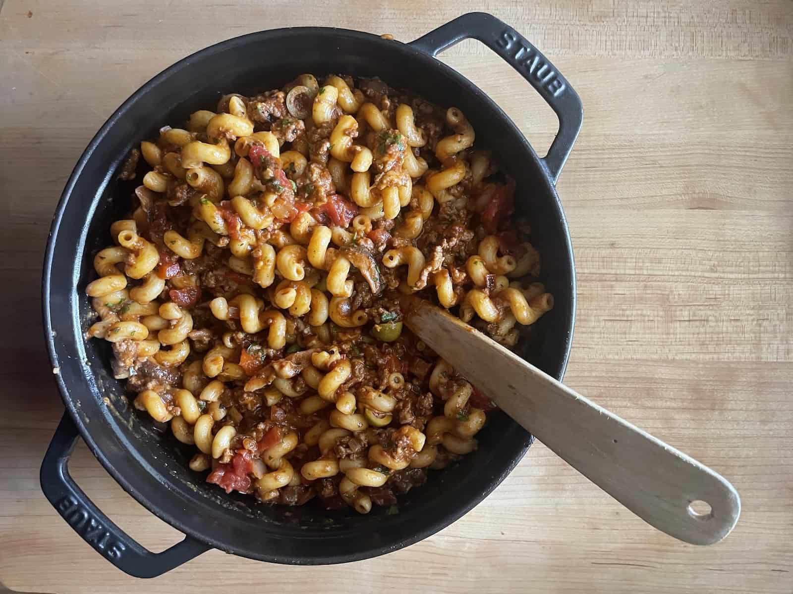 Modern American Goulash in dutch oven