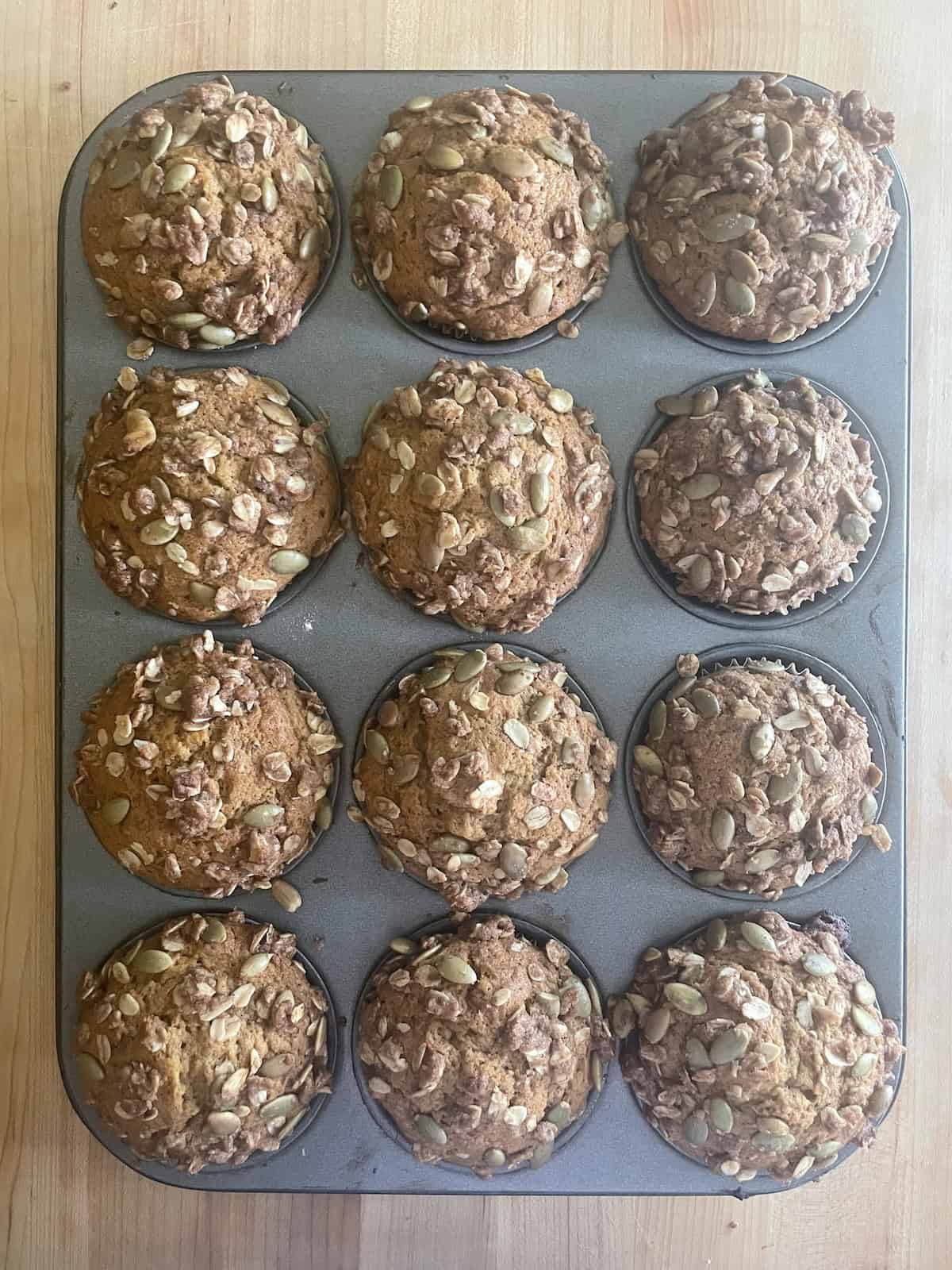 Brown Butter Pumpkin Maple Muffins with Pepita Streusel baked