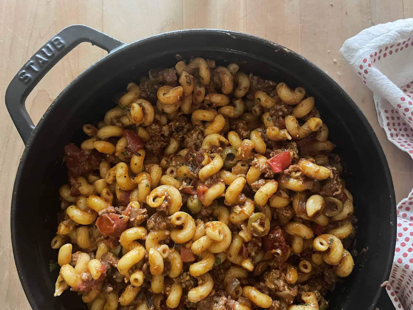 Modern American Goulash close up in dutch oven
