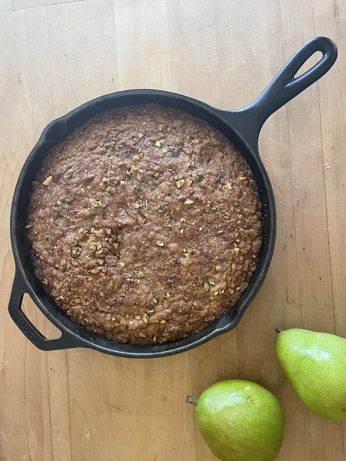 baked Rum Raisin Pear Buckle with Pistachio Streusel