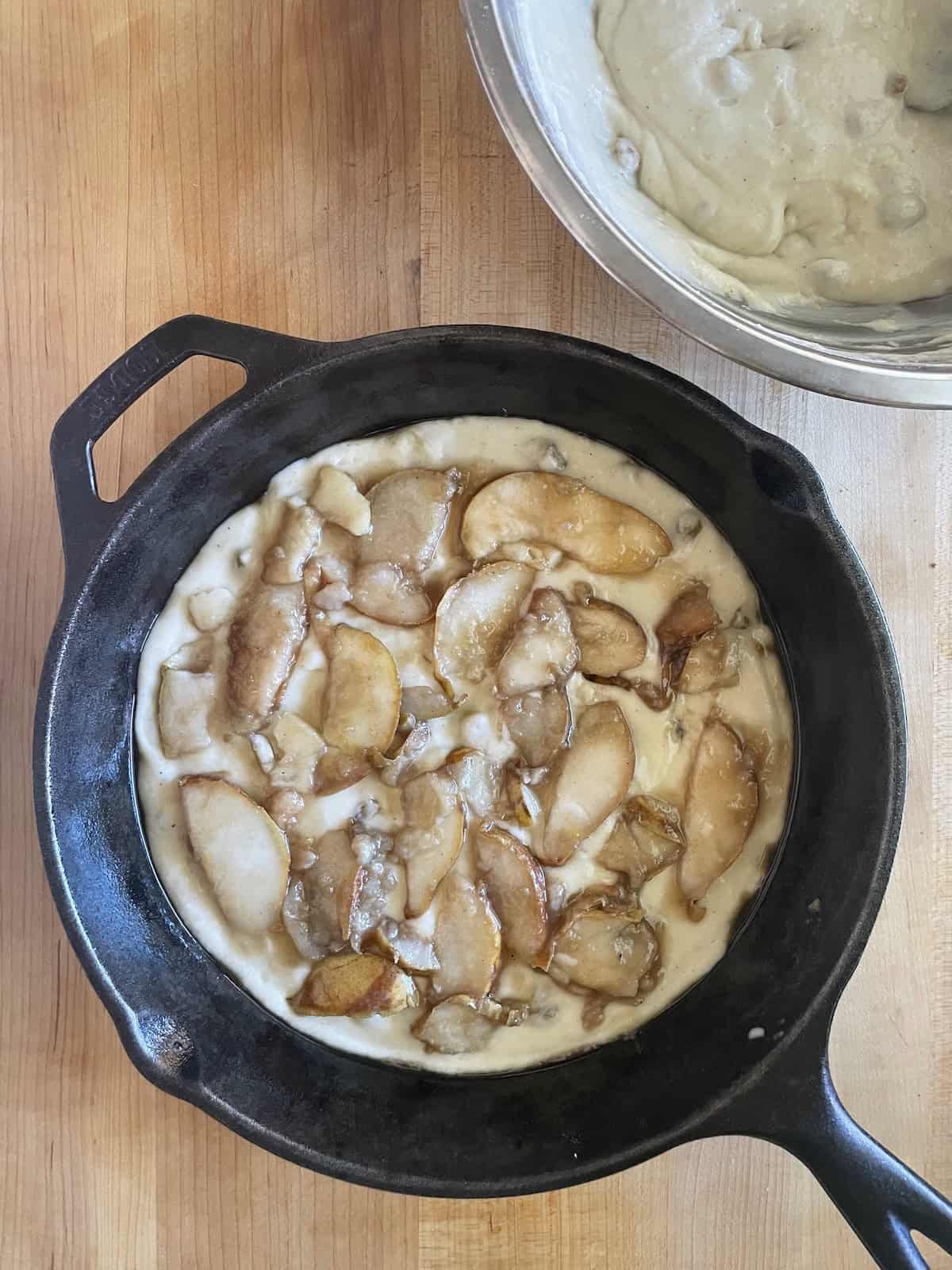 adding pears to baking pan