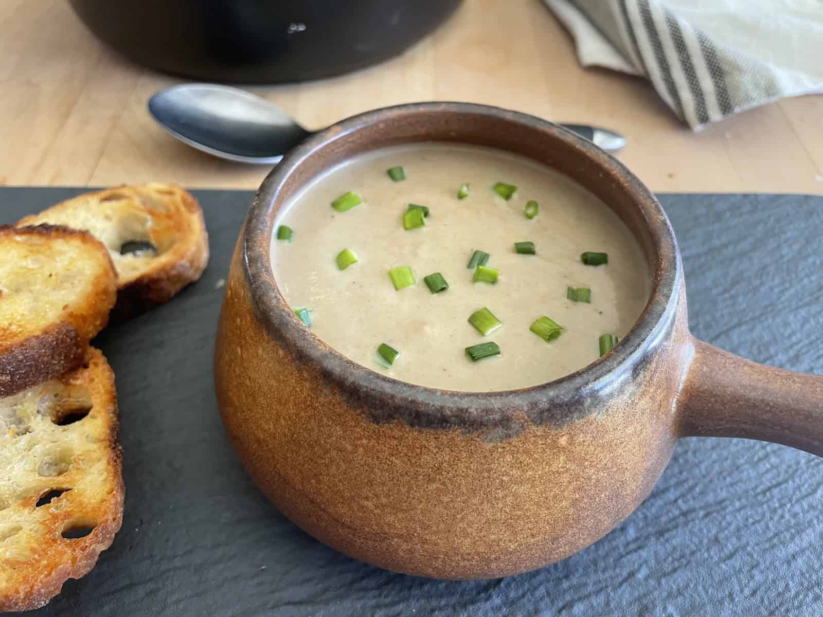 Chestnut, Leek and Mushroom Soup with chives