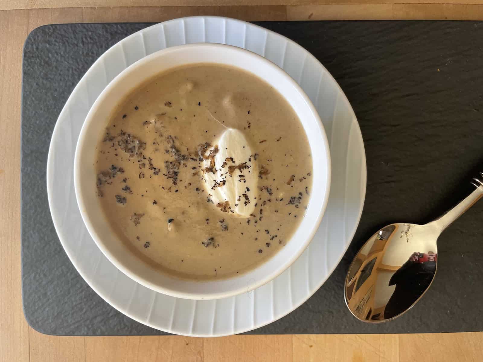 Chestnut, Leek and Mushroom Soup with creme fraiche and trufflesf