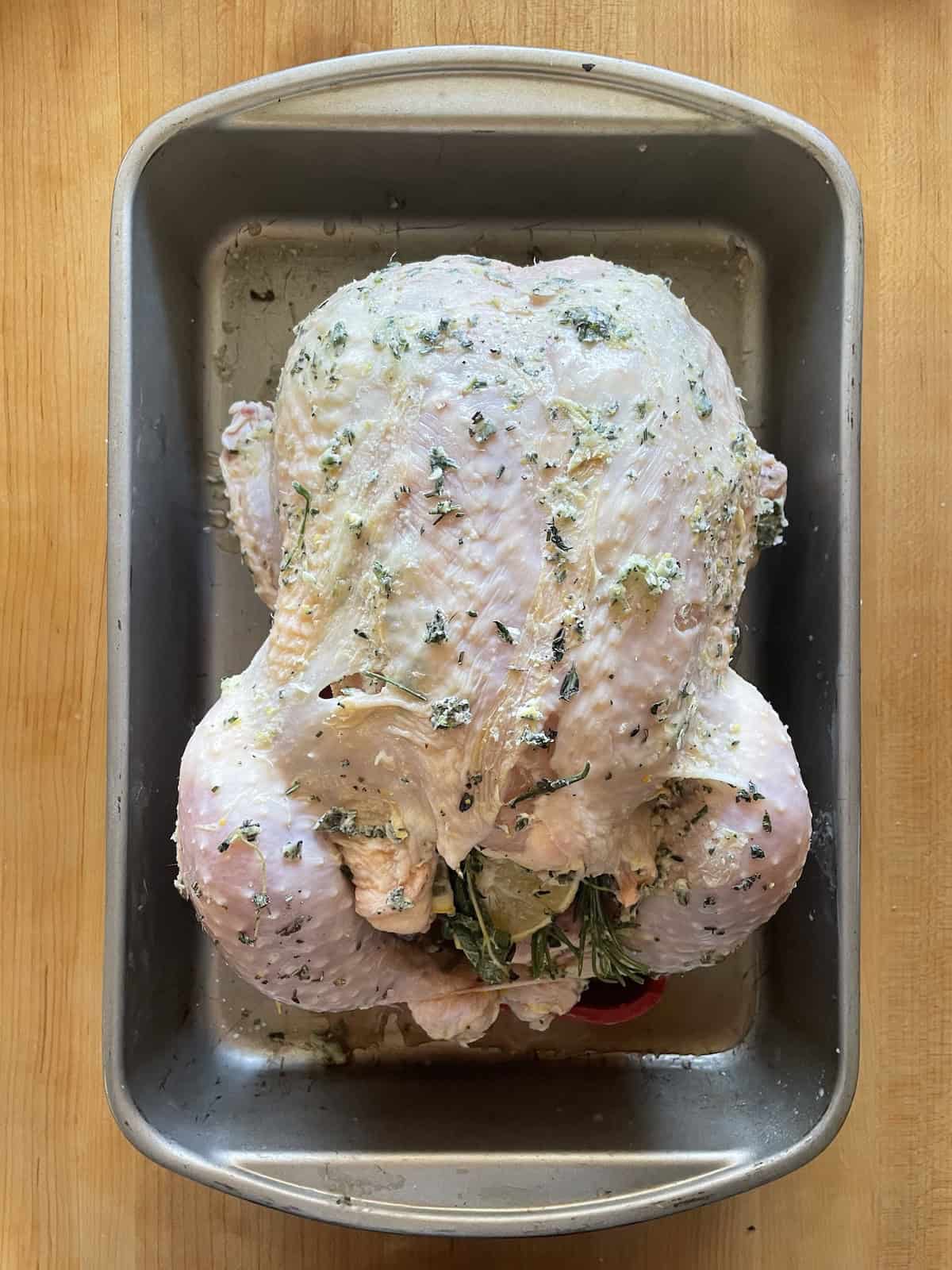 chicken cavity stuffed with lemons and herbs