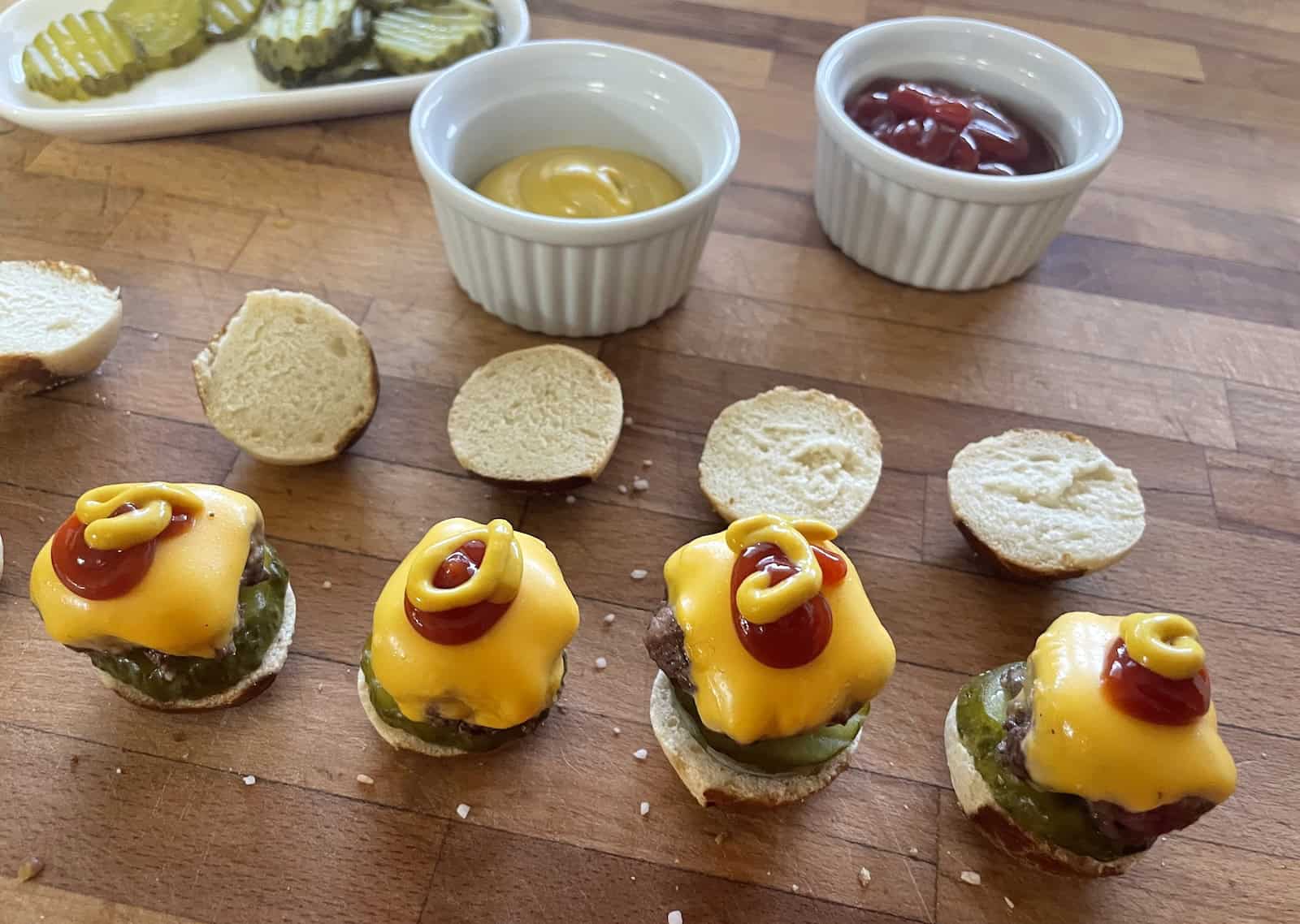 Mini pretzel bite cheeseburgers assembly