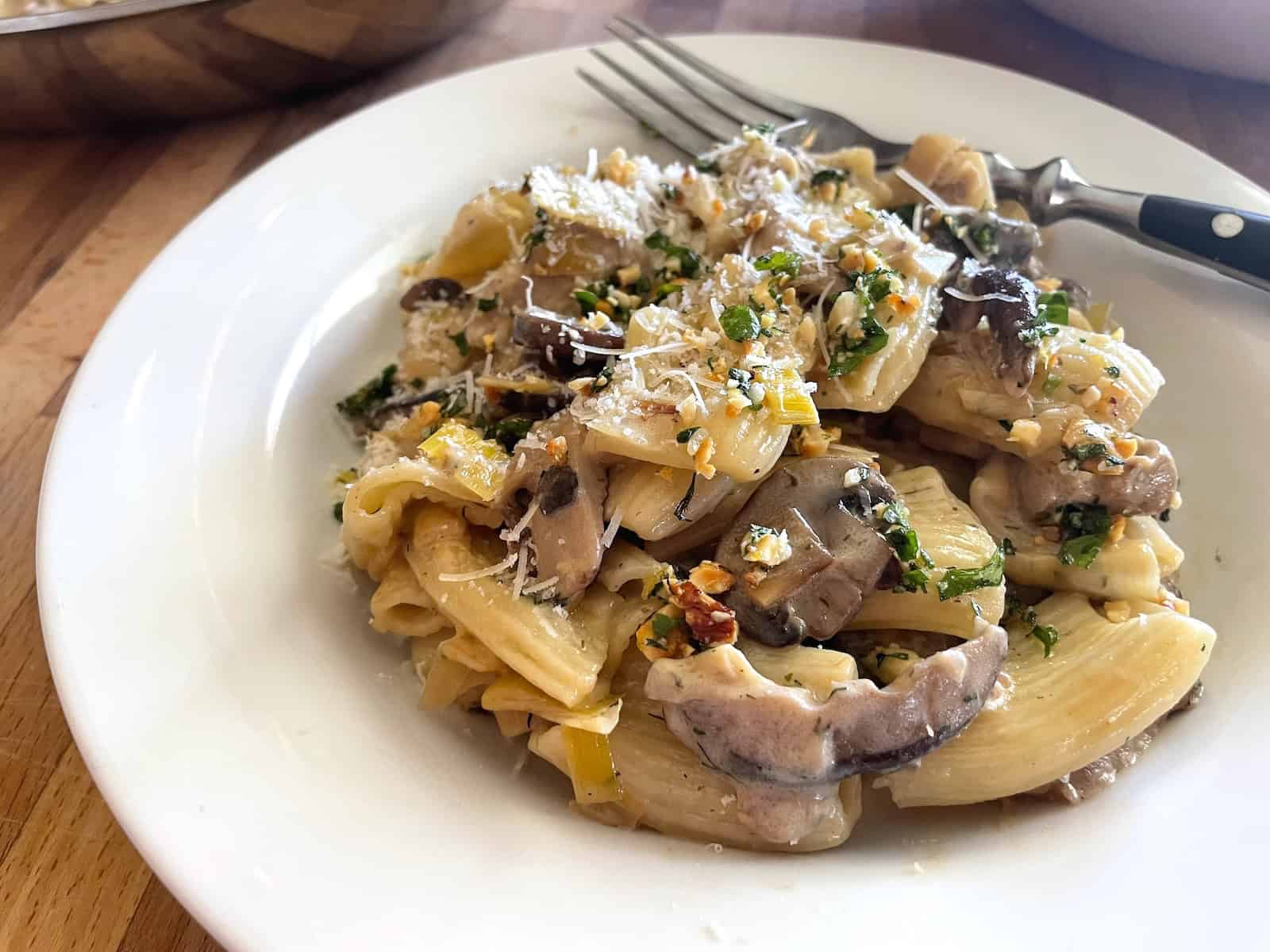Mushroom, Leek and Herbed Cheese Pasta with Hazelnut Gremolata
